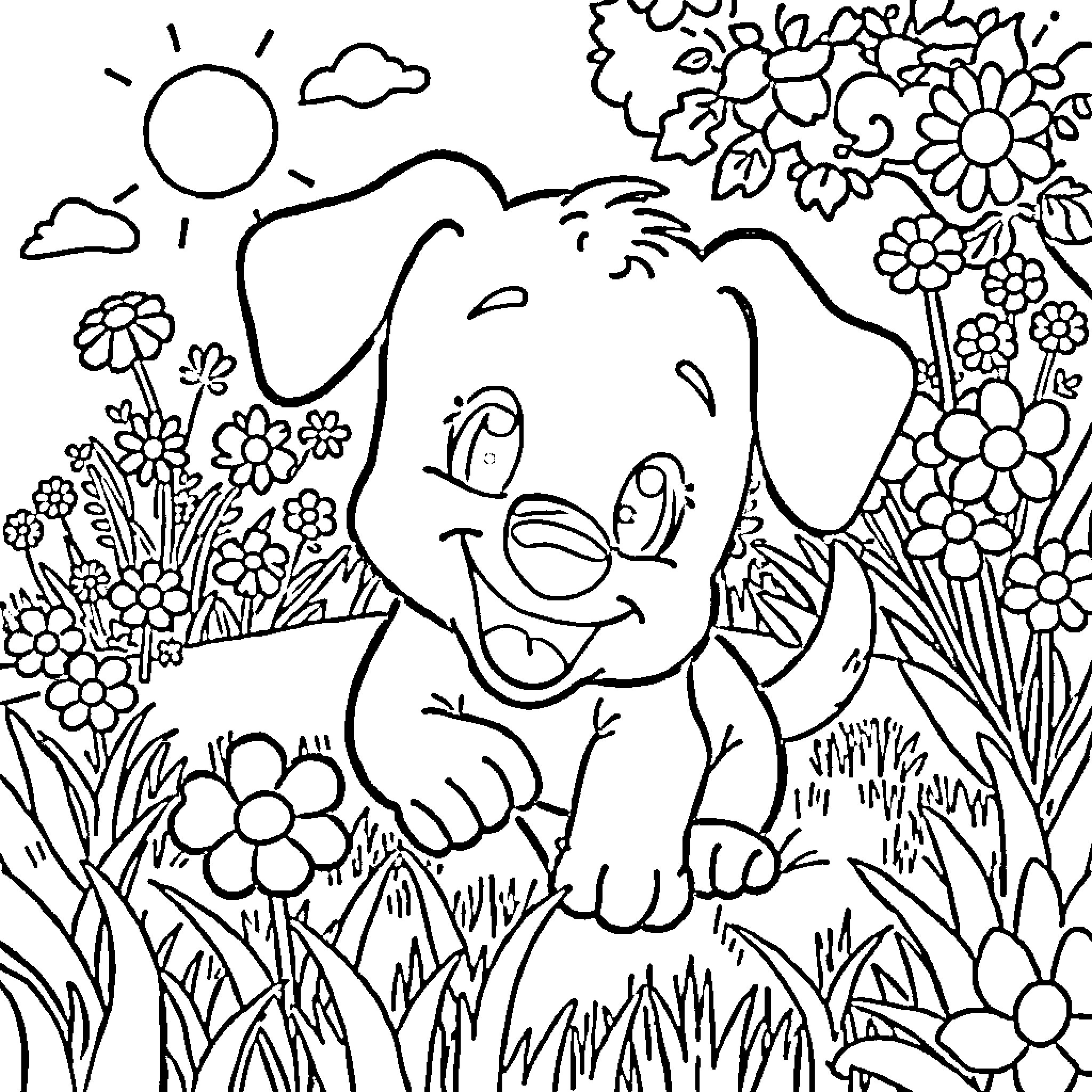 Puppy frolicking in a flower-filled garden Coloring Page (free black-and-white line drawing printable PDF for all, from beginners to advanced learners, including children, teens, adults, and seniors)