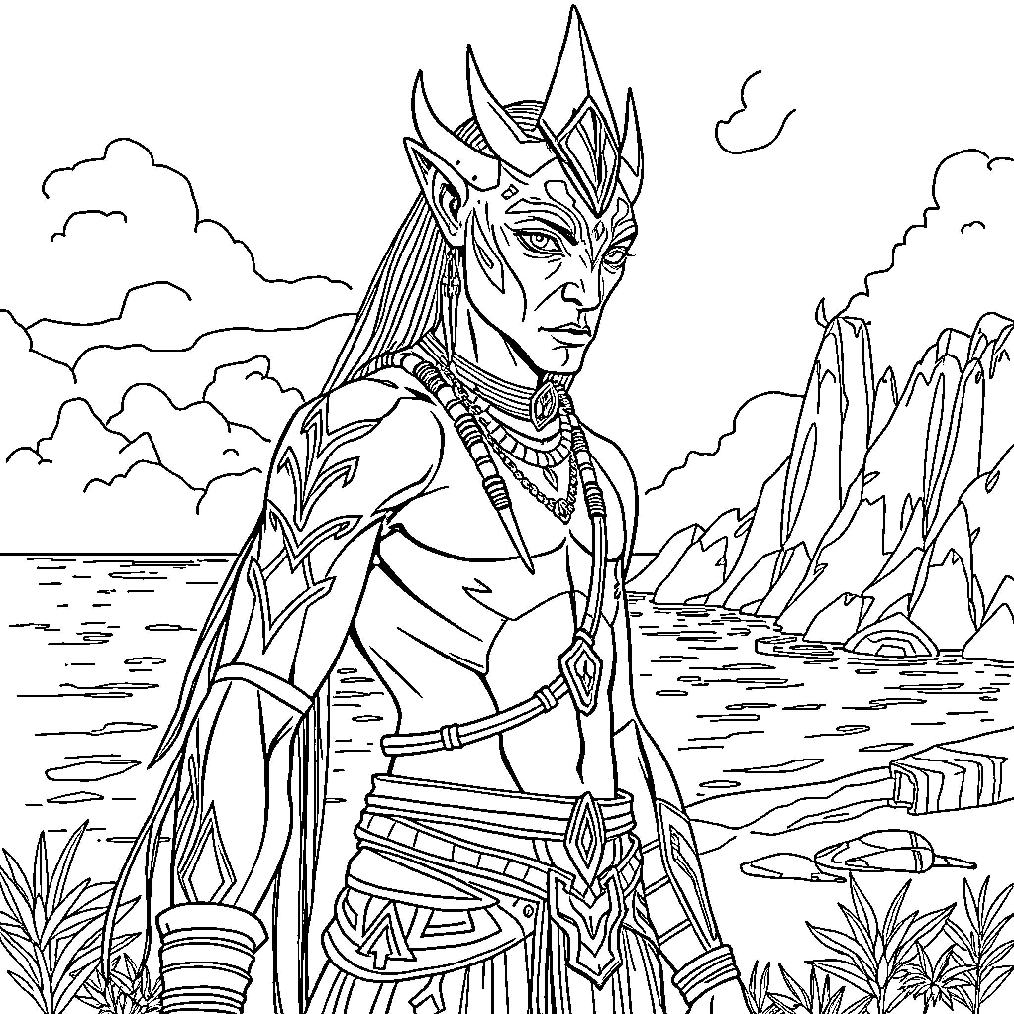 Aonung Warrior in Rugged Landscape Coloring Page (free black-and-white line drawing printable PDF for all, from beginners to advanced learners, including children, teens, adults, and seniors)