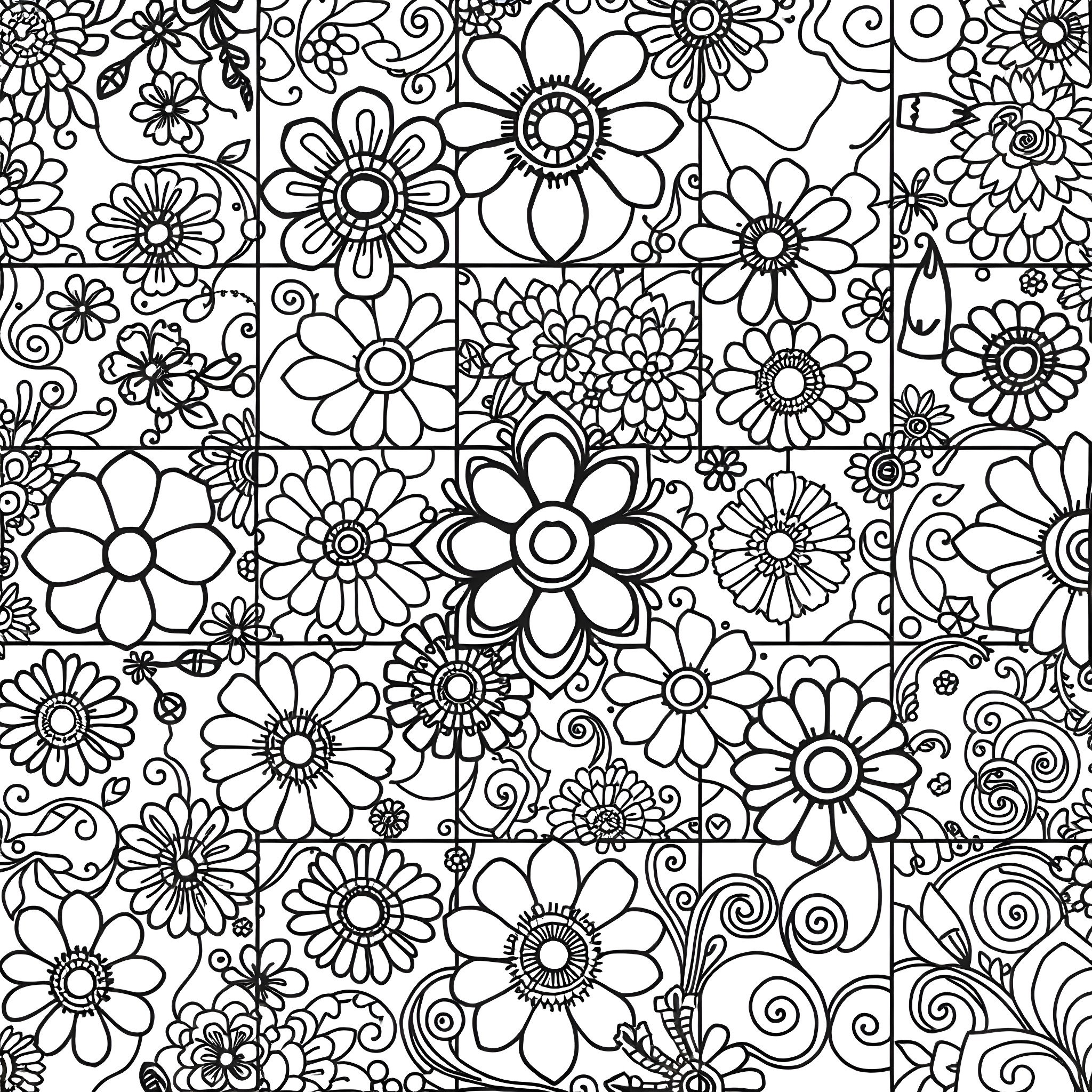 Patchwork of Intricate Floral Designs Coloring Page (free black-and-white line drawing printable PDF for all, from beginners to advanced learners, including children, teens, adults, and seniors)