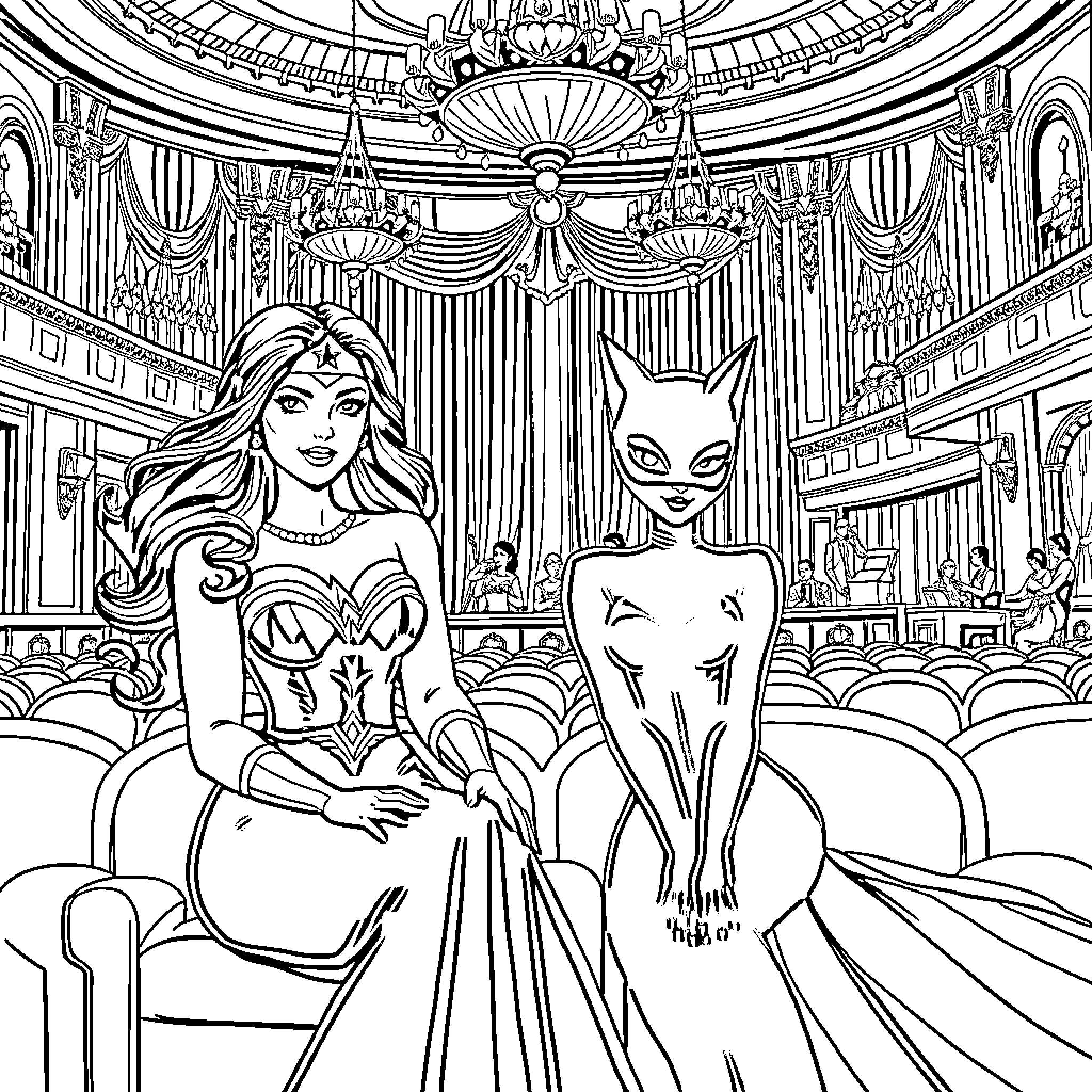 Wonder Woman and Cat Woman in Elegant Attire Coloring Page (free black-and-white line drawing printable PDF for all, from beginners to advanced learners, including children, teens, adults, and seniors)