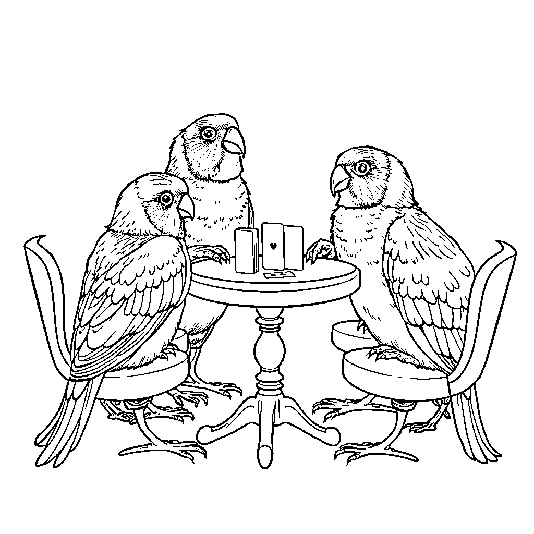 Birds enjoying teatime at the table Coloring Page (free black-and-white line drawing printable PDF for all, from beginners to advanced learners, including children, teens, adults, and seniors)