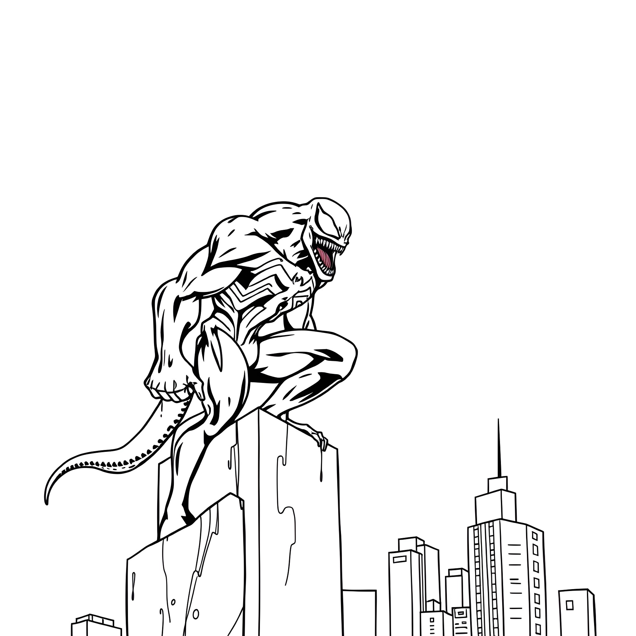 Venom, the Symbiotic Superhero in Action Coloring Page (free black-and-white line drawing printable PDF for all, from beginners to advanced learners, including children, teens, adults, and seniors)