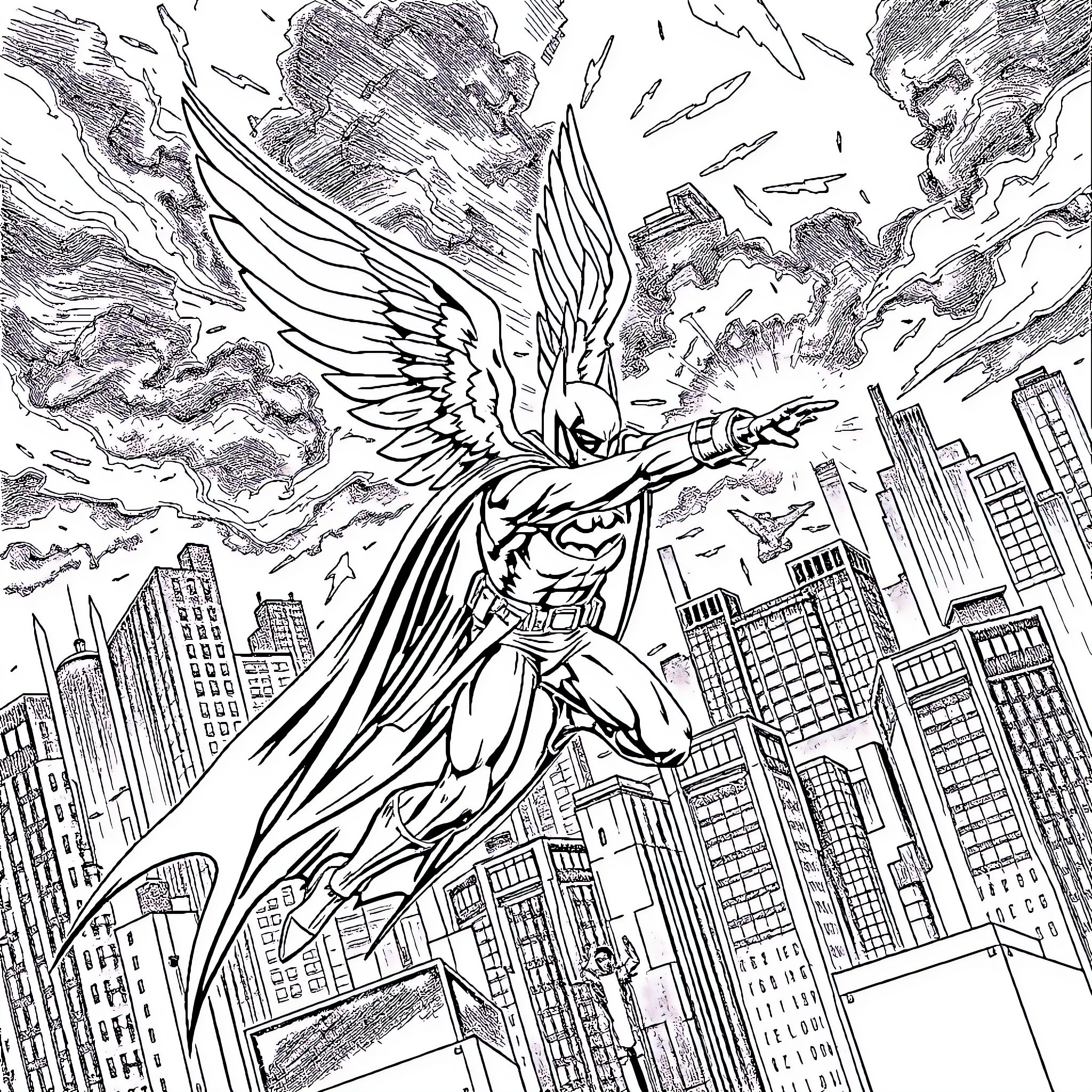 Angel hero soaring above the city in action Coloring Page (free black-and-white line drawing printable PDF for all, from beginners to advanced learners, including children, teens, adults, and seniors)