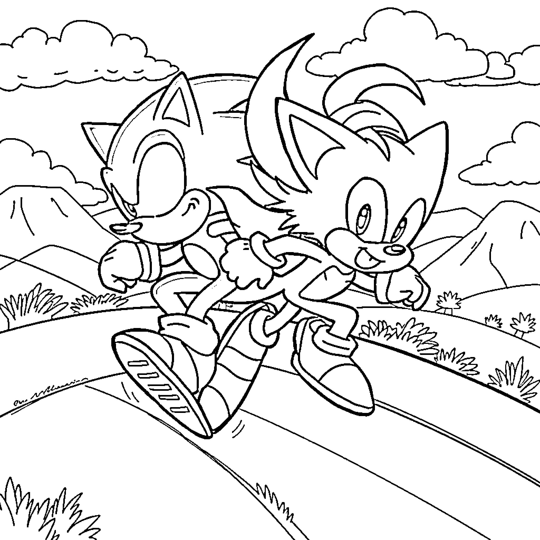 Sonic characters running in a scenic landscape Coloring Page (free black-and-white line drawing printable PDF for all, from beginners to advanced learners, including children, teens, adults, and seniors)