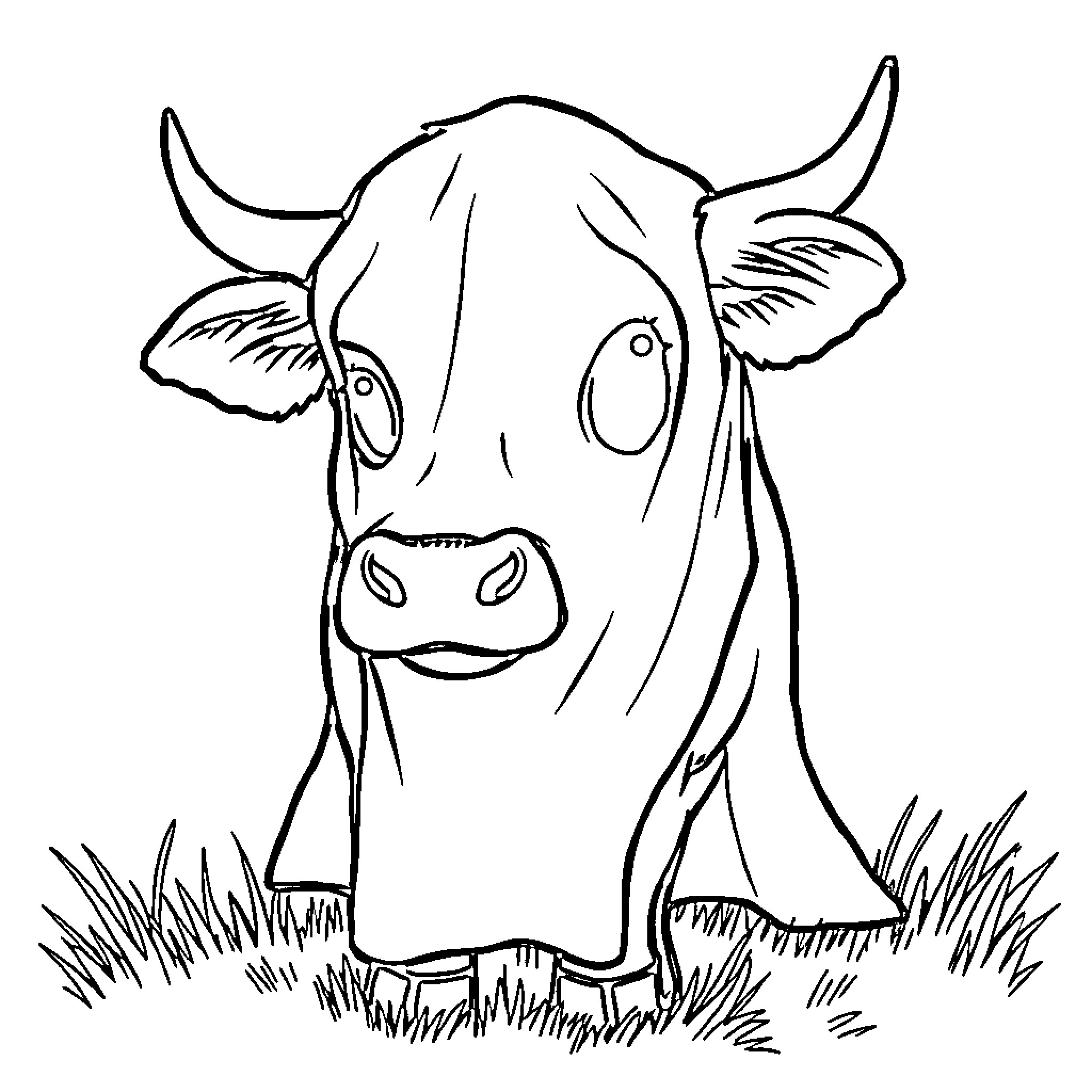 Cow standing in the field Coloring Page (free black-and-white line drawing printable PDF for all, from beginners to advanced learners, including children, teens, adults, and seniors)
