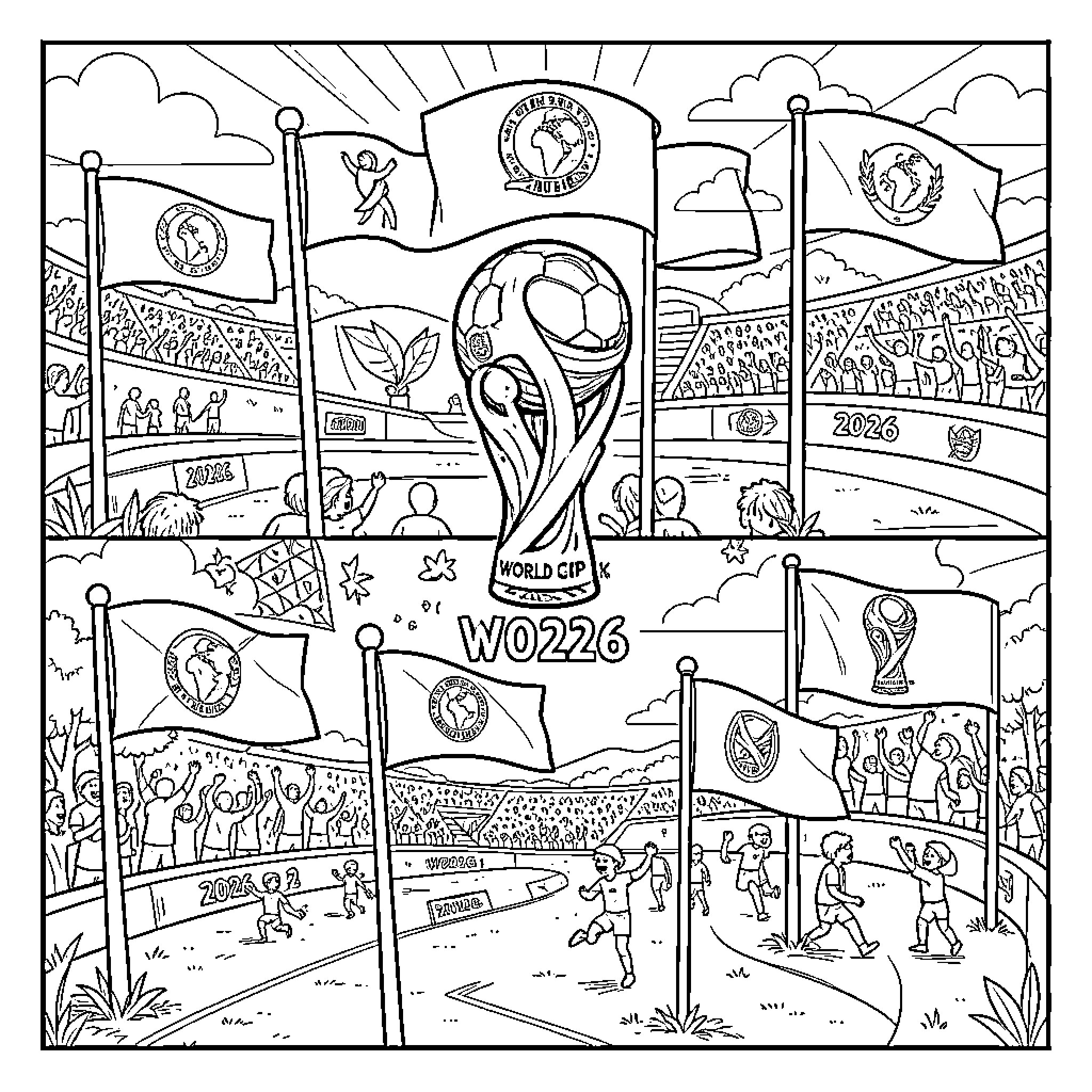 World Cup Flag waving over cheering stadium crowds Coloring Page (free black-and-white line drawing printable PDF for all, from beginners to advanced learners, including children, teens, adults, and seniors)