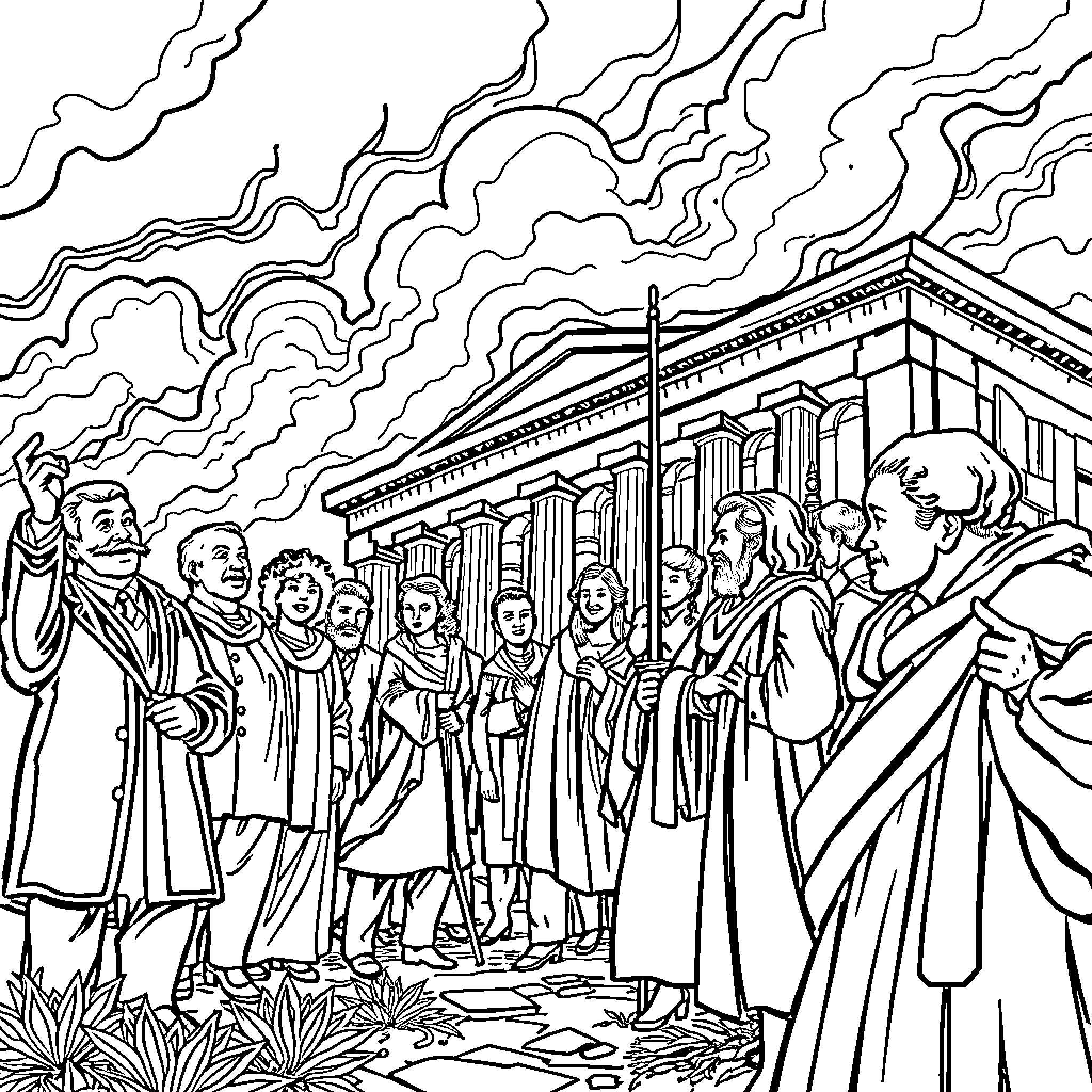 Moment of Formal Gathering at Historic Building Coloring Page (free black-and-white line drawing printable PDF for all, from beginners to advanced learners, including children, teens, adults, and seniors)