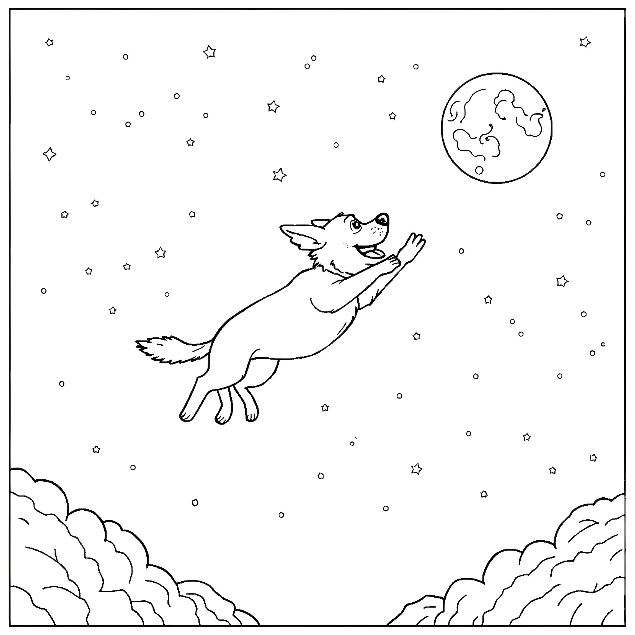 Dog jumping towards the moon in the night sky Coloring Page (free black-and-white line drawing printable PDF for all, from beginners to advanced learners, including children, teens, adults, and seniors)