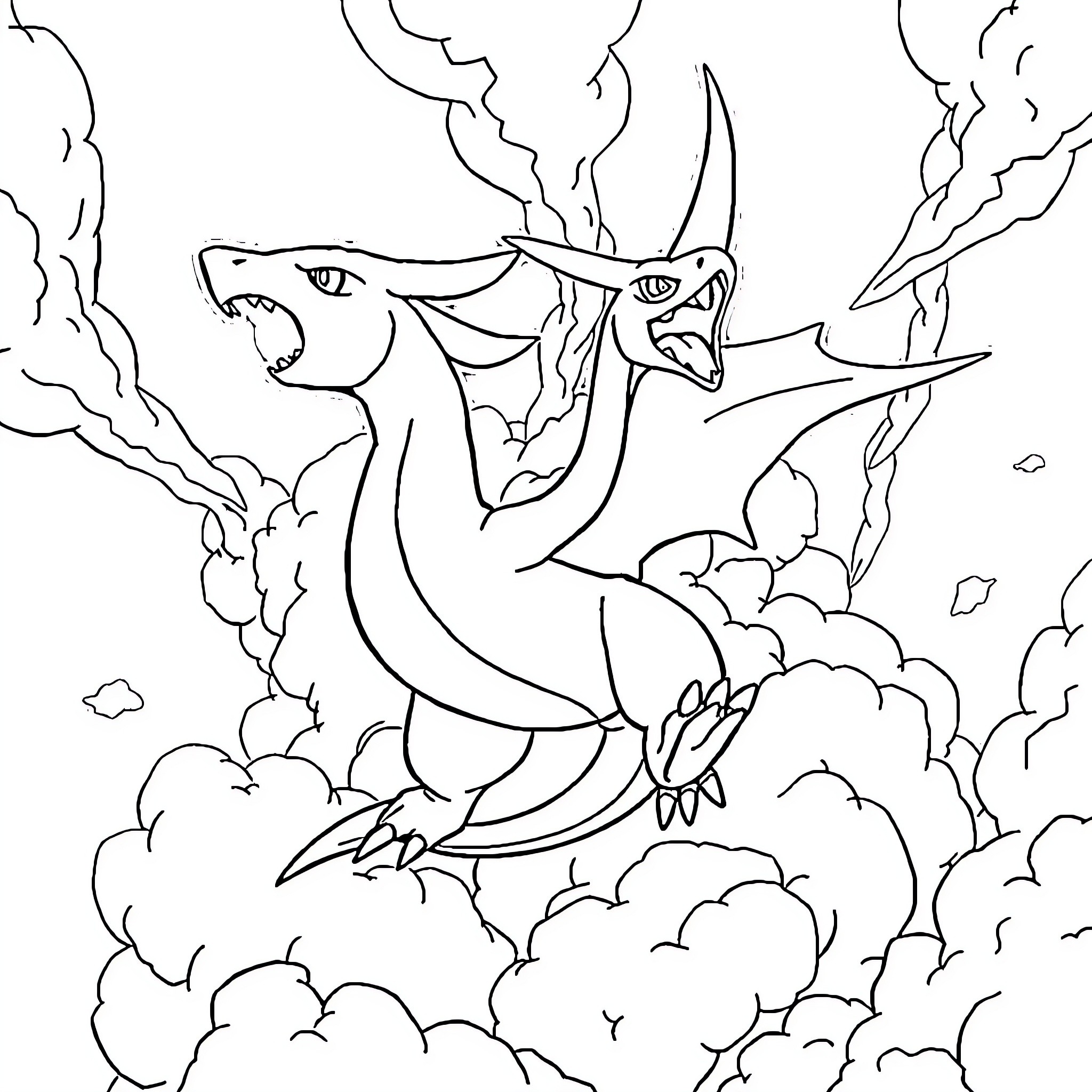 Legendary Pokemon Engaged in Fierce Battle Coloring Page (free black-and-white line drawing printable PDF for all, from beginners to advanced learners, including children, teens, adults, and seniors)