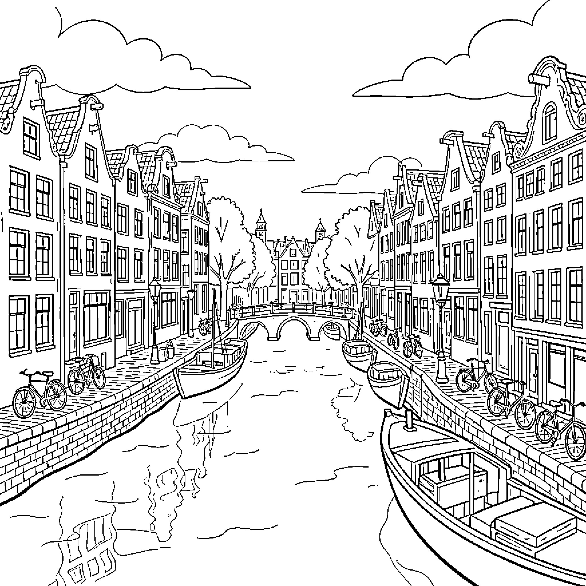 Amsterdam's Charming Canal Landscape Coloring Page (free black-and-white line drawing printable PDF for all, from beginners to advanced learners, including children, teens, adults, and seniors)