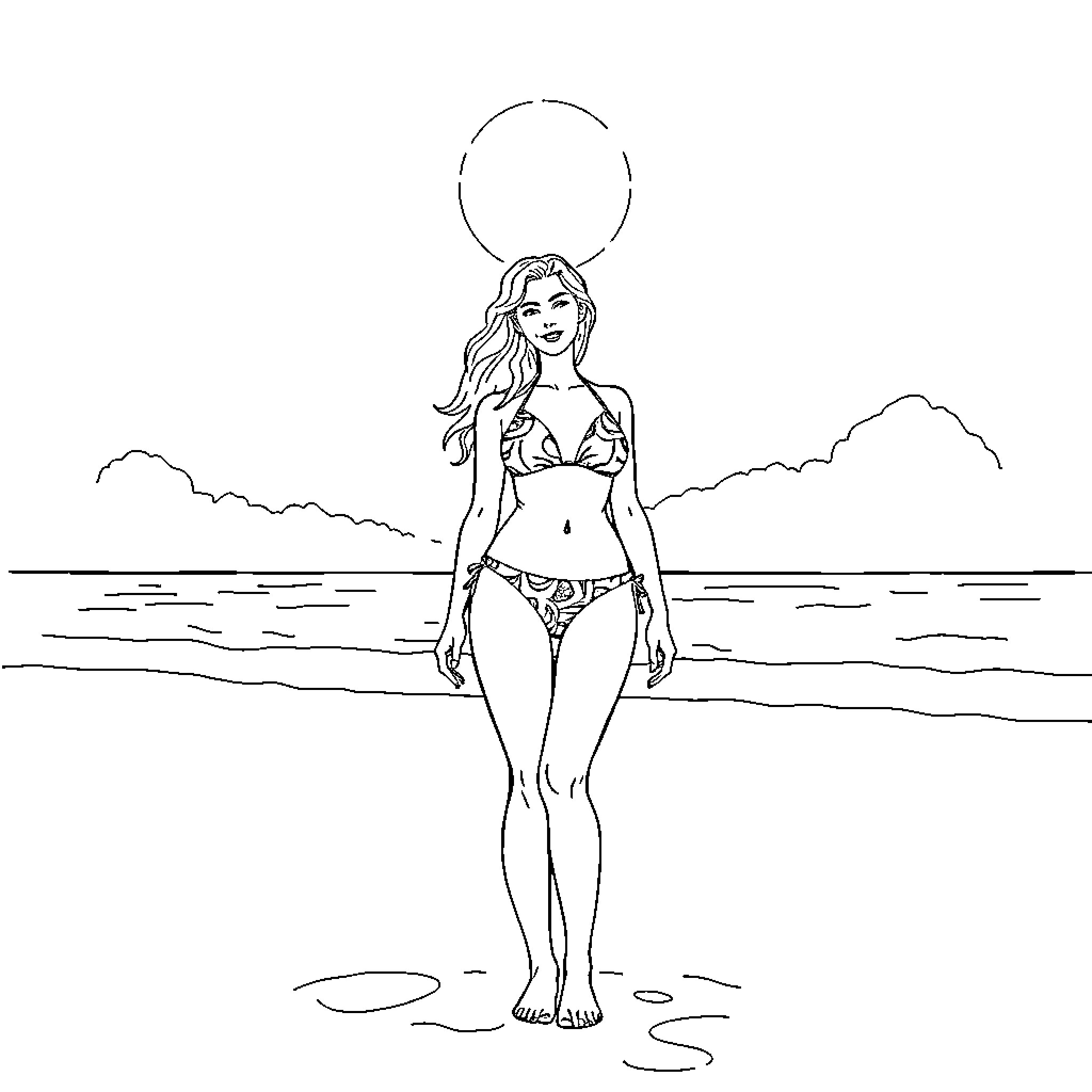 Girl enjoying the beach in swimsuit Coloring Page (free black-and-white line drawing printable PDF for all, from beginners to advanced learners, including children, teens, adults, and seniors)