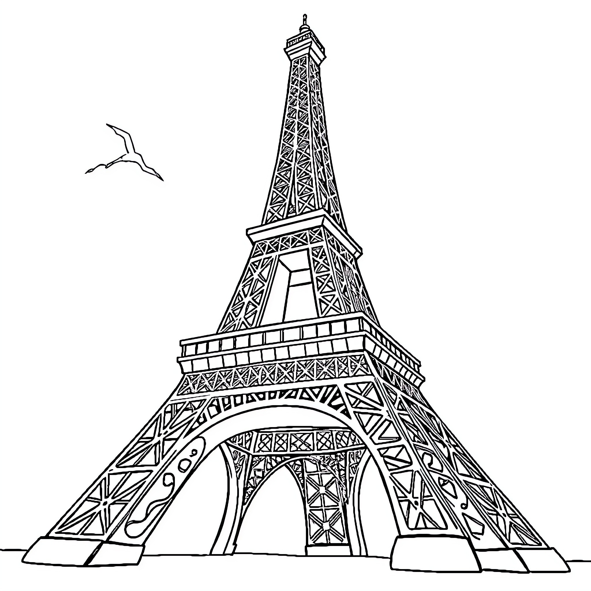 Eiffel Tower in simple line art Coloring Page (free black-and-white line drawing printable PDF for all, from beginners to advanced learners, including children, teens, adults, and seniors)