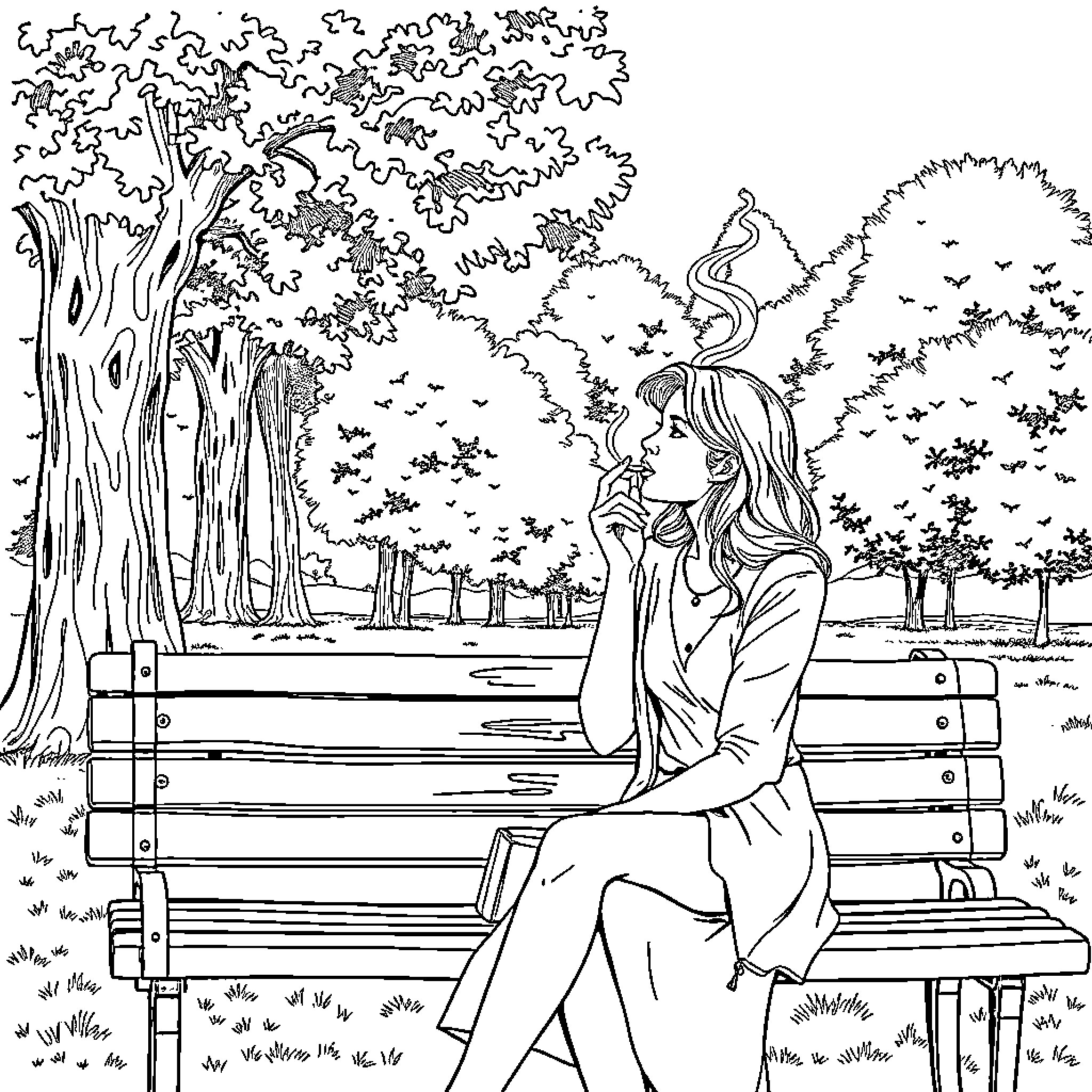 Woman sitting peacefully on bench in autumnal park Coloring Page (free black-and-white line drawing printable PDF for all, from beginners to advanced learners, including children, teens, adults, and seniors)