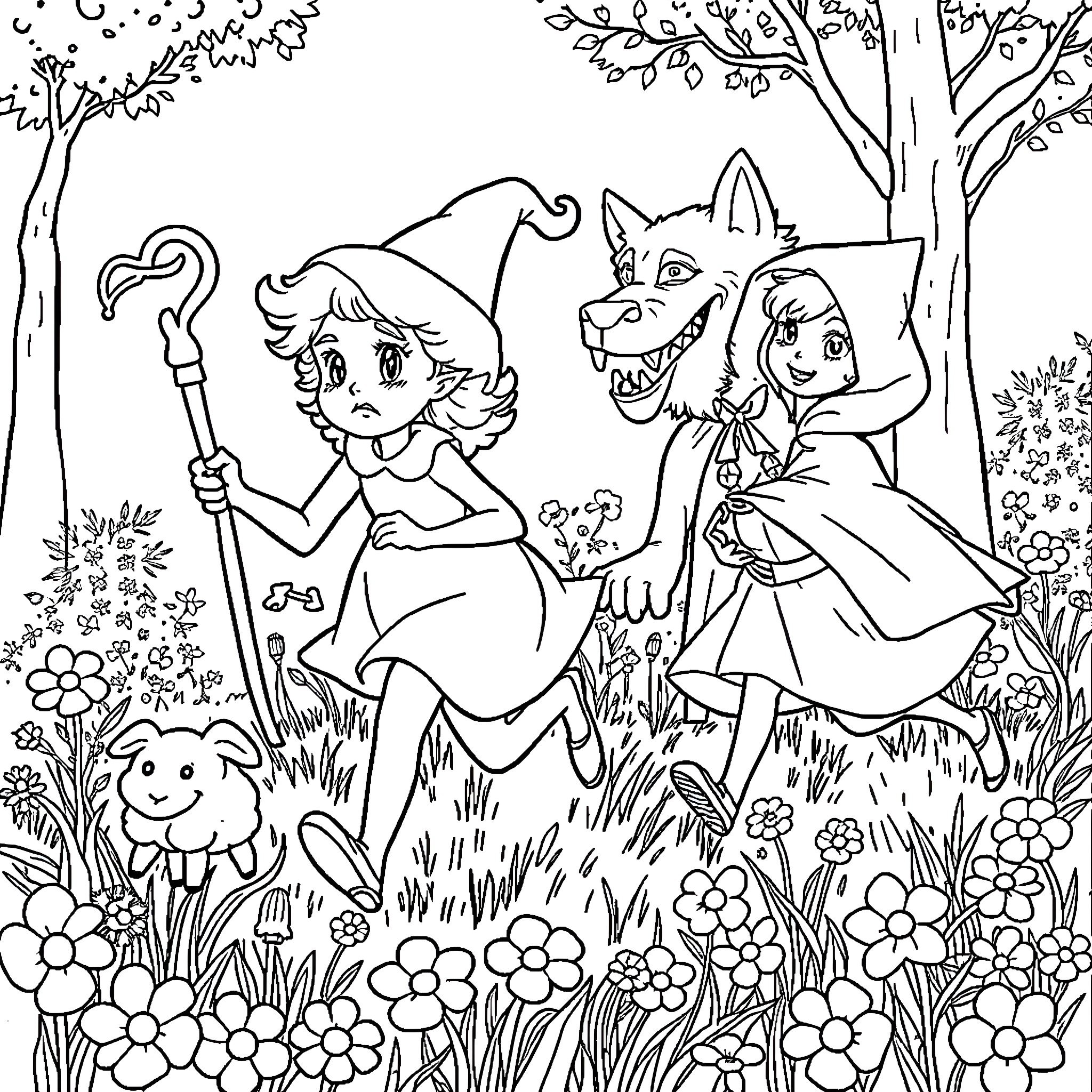 Bo Peep and Her Canine Companion Exploring the Enchanted Forest Coloring Page (free black-and-white line drawing printable PDF for all, from beginners to advanced learners, including children, teens, adults, and seniors)