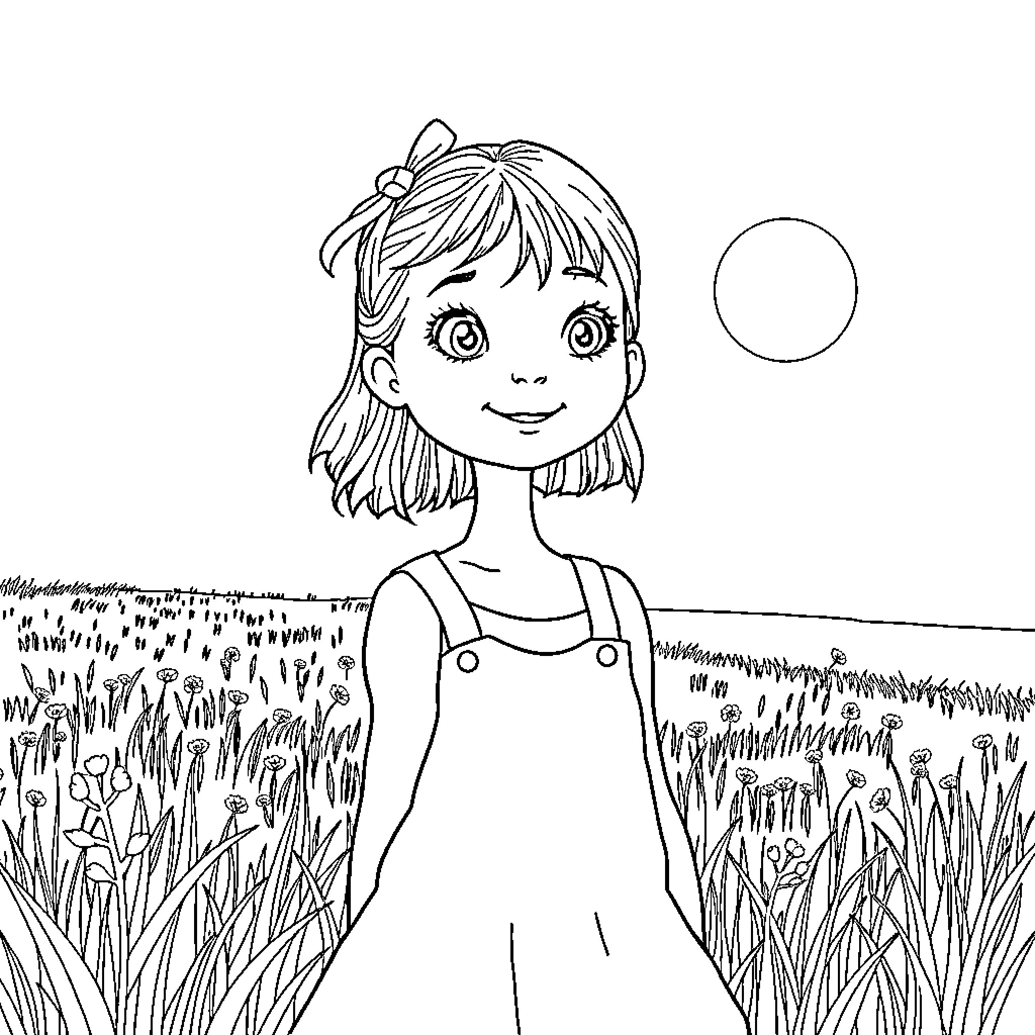 Asuka Langley playing in a meadow Coloring Page (free black-and-white line drawing printable PDF for all, from beginners to advanced learners, including children, teens, adults, and seniors)