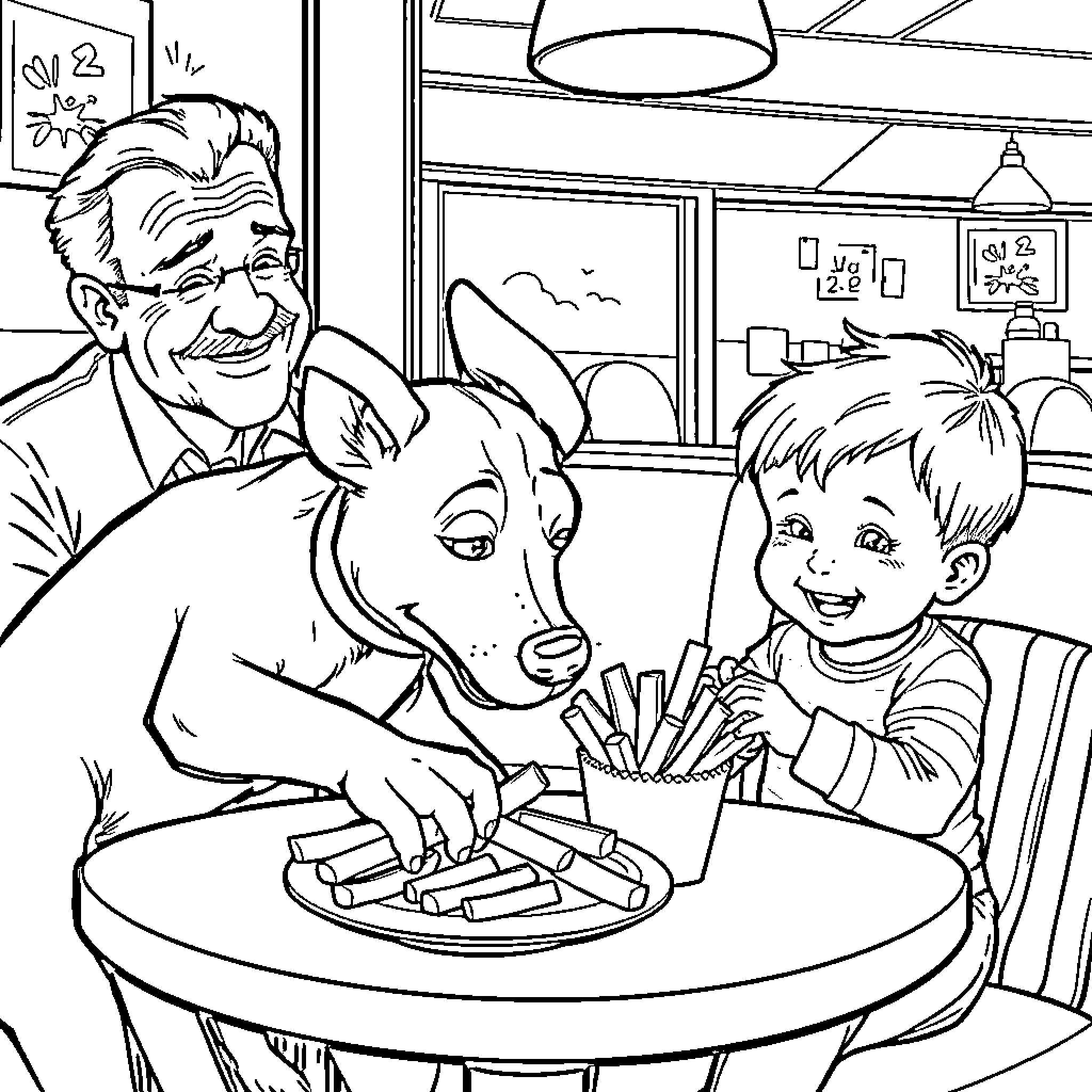 Jack Russell playing with boy in diner Coloring Page (free black-and-white line drawing printable PDF for all, from beginners to advanced learners, including children, teens, adults, and seniors)