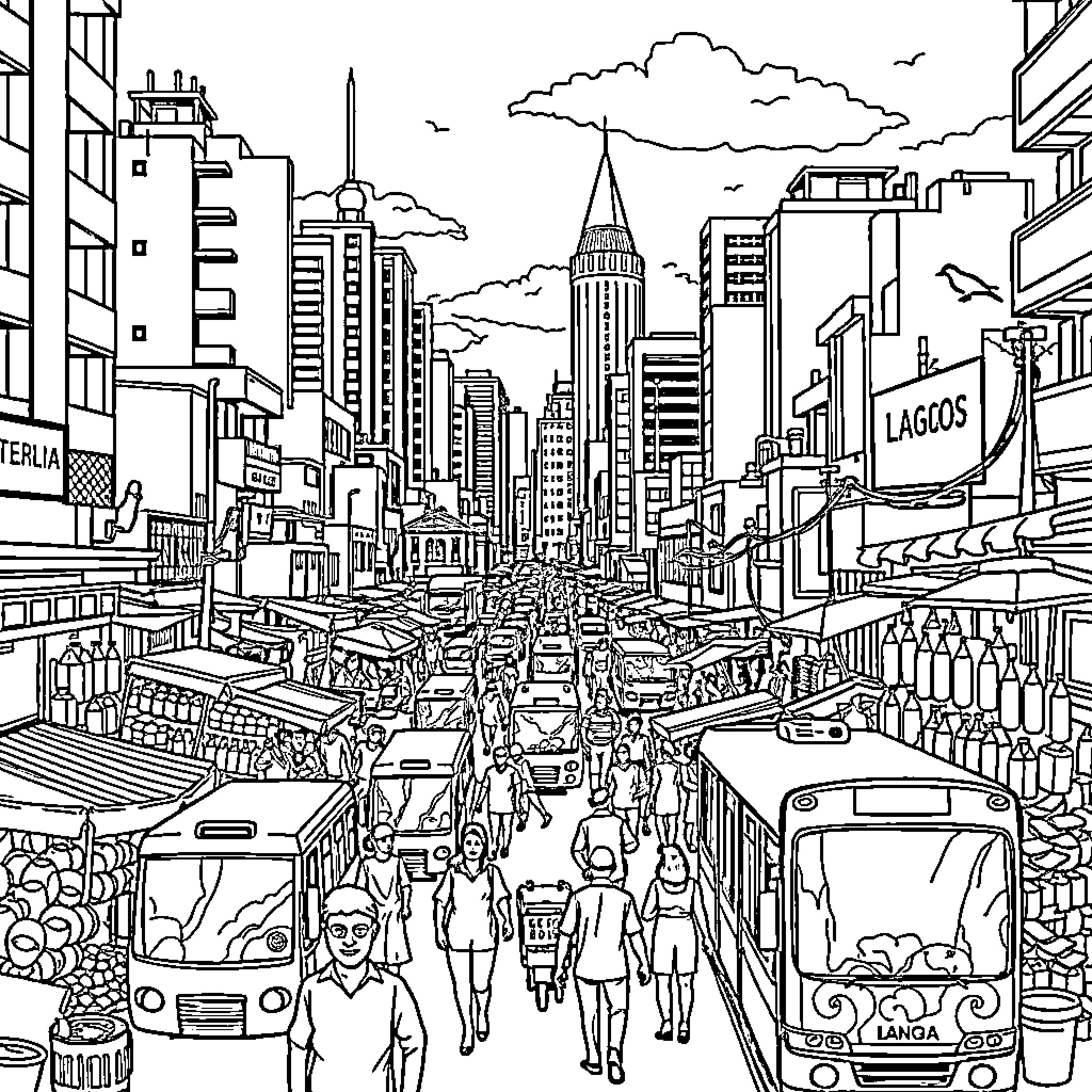Lagos bustling city scene with towering skyscrapers Coloring Page (free black-and-white line drawing printable PDF for all, from beginners to advanced learners, including children, teens, adults, and seniors)