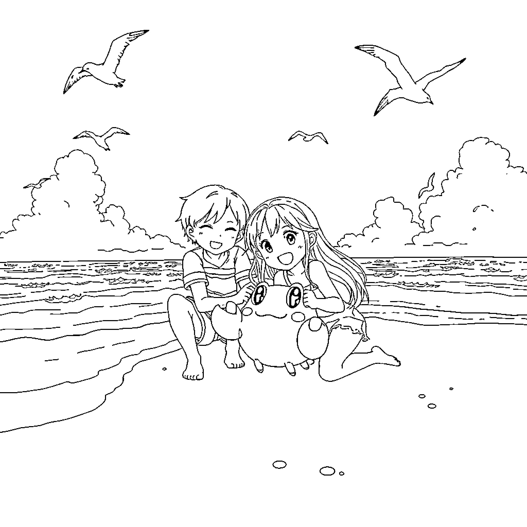 Krabby kids enjoying a day at the beach Coloring Page (free black-and-white line drawing printable PDF for all, from beginners to advanced learners, including children, teens, adults, and seniors)