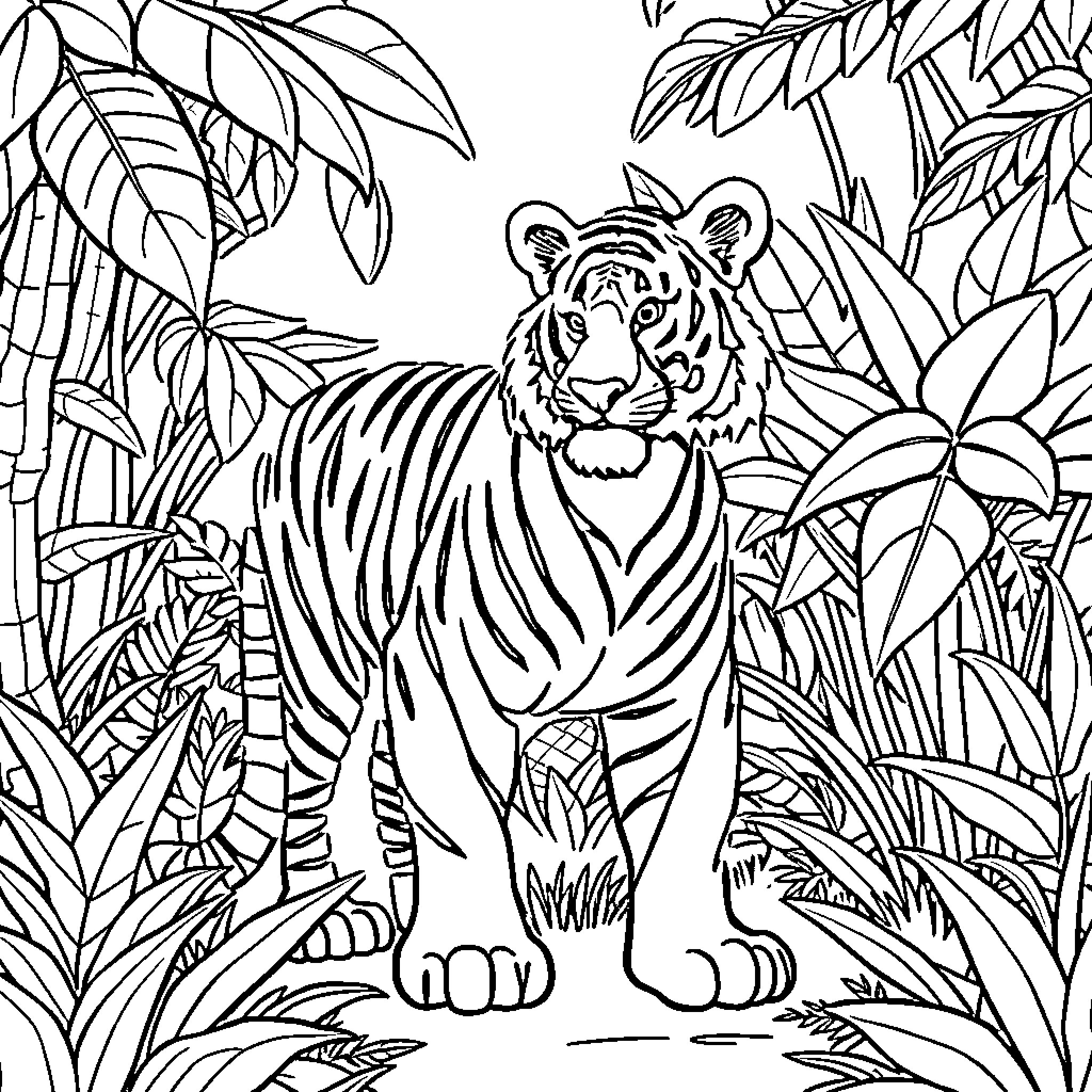 Tiger standing in the jungle foliage Coloring Page (free black-and-white line drawing printable PDF for all, from beginners to advanced learners, including children, teens, adults, and seniors)