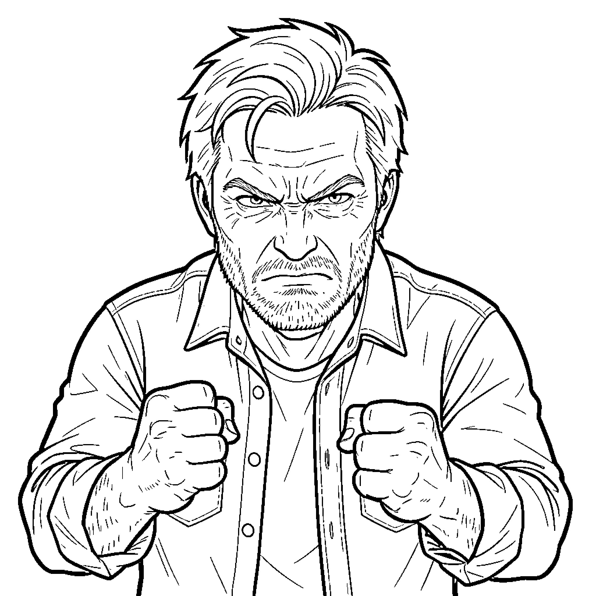 Rick Grimes with a determined and intense expression Coloring Page (free black-and-white line drawing printable PDF for all, from beginners to advanced learners, including children, teens, adults, and seniors)