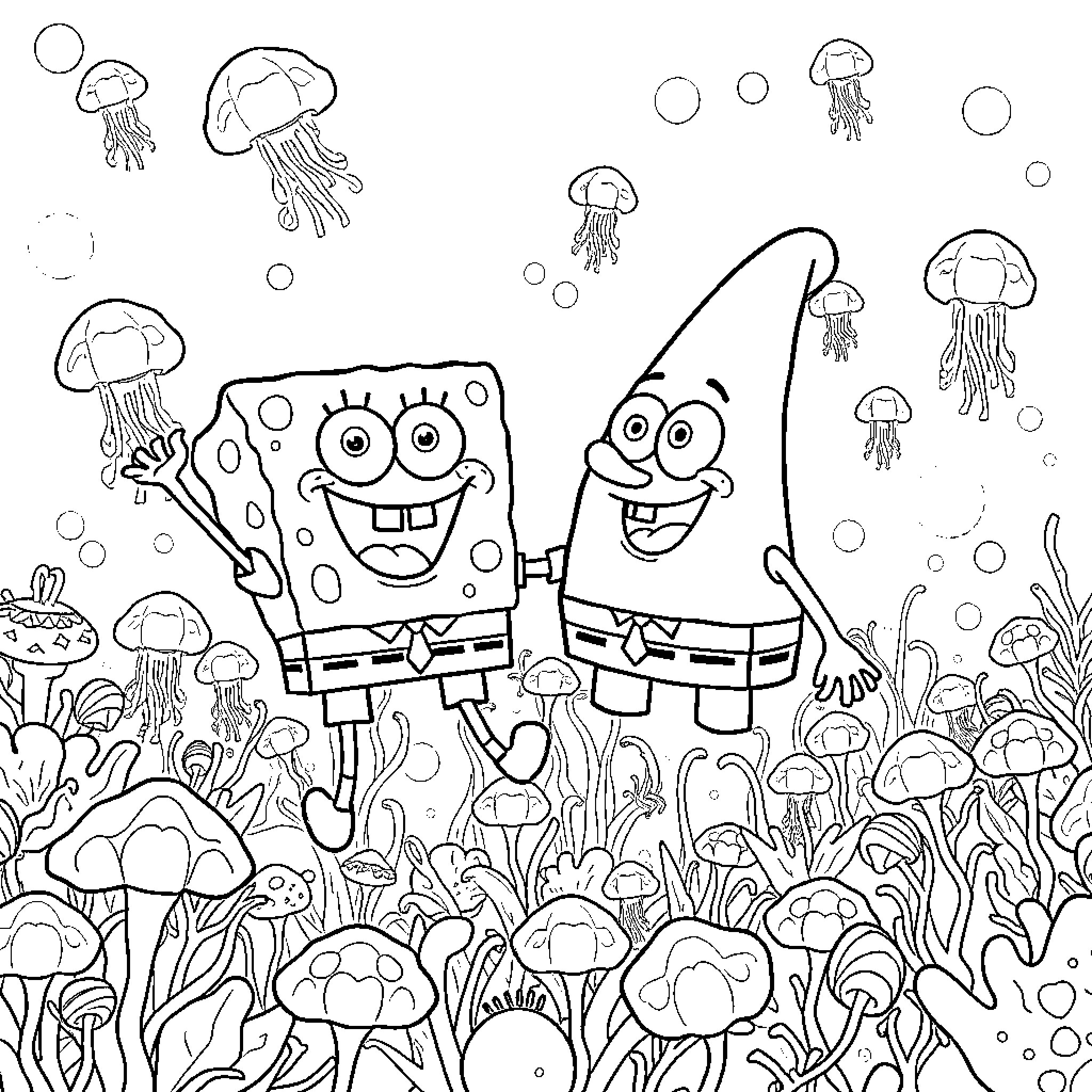 Spongebob and Patrick in an underwater mushroom garden Coloring Page (free black-and-white line drawing printable PDF for all, from beginners to advanced learners, including children, teens, adults, and seniors)