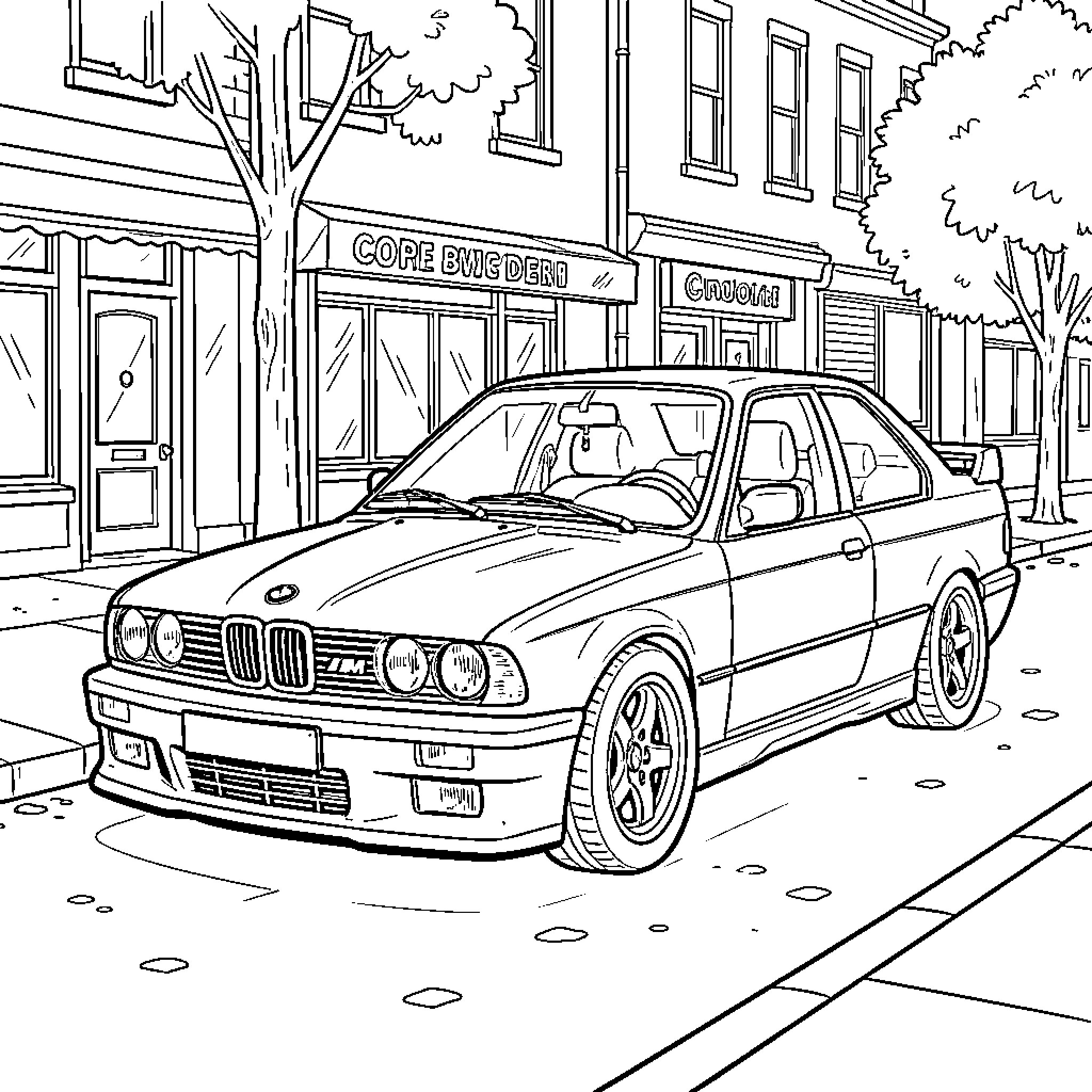 BMW M3 parked on a city street Coloring Page (free black-and-white line drawing printable PDF for all, from beginners to advanced learners, including children, teens, adults, and seniors)