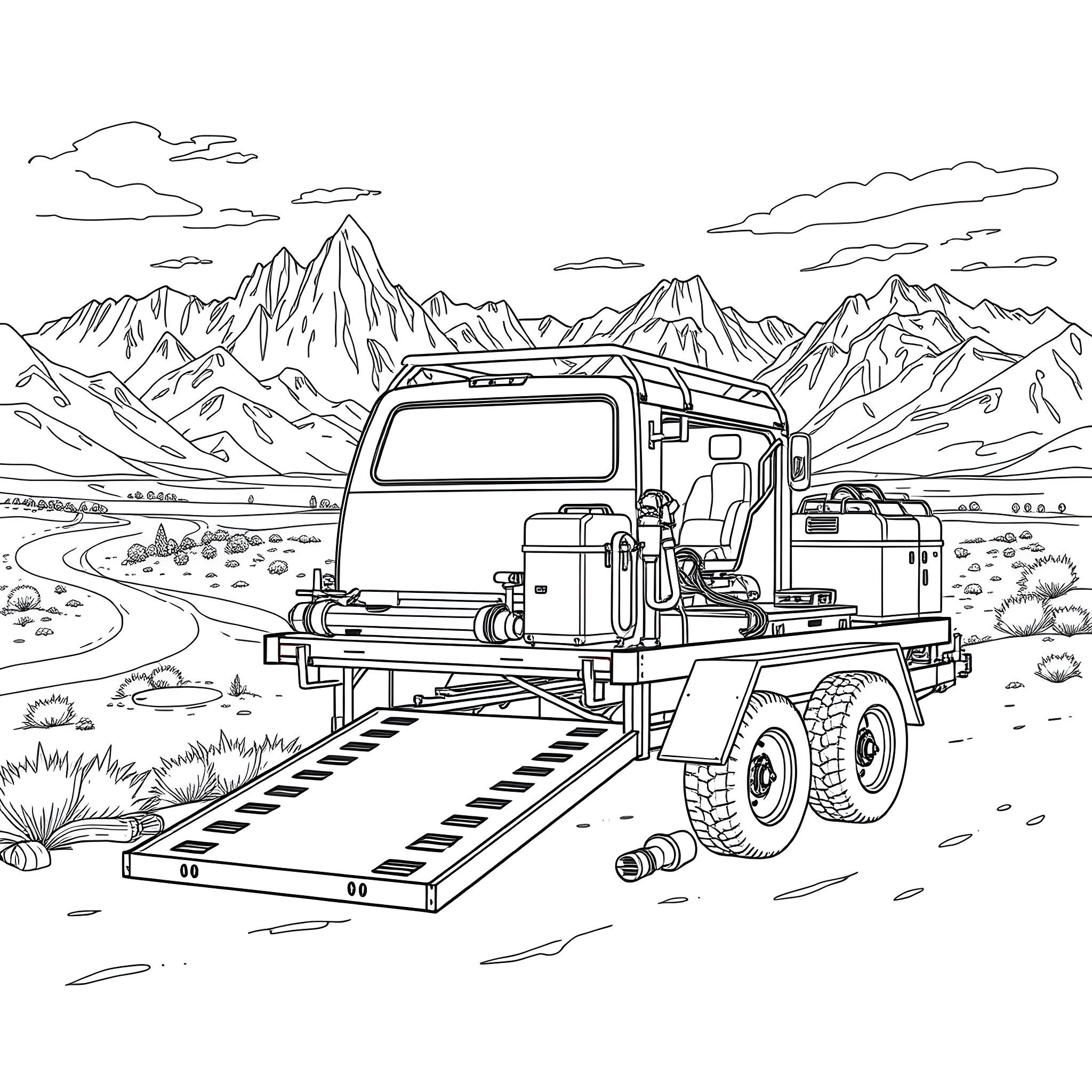 Car Trailer Transporting Vehicle in Mountain Landscape Coloring Page (free black-and-white line drawing printable PDF for all, from beginners to advanced learners, including children, teens, adults, and seniors)