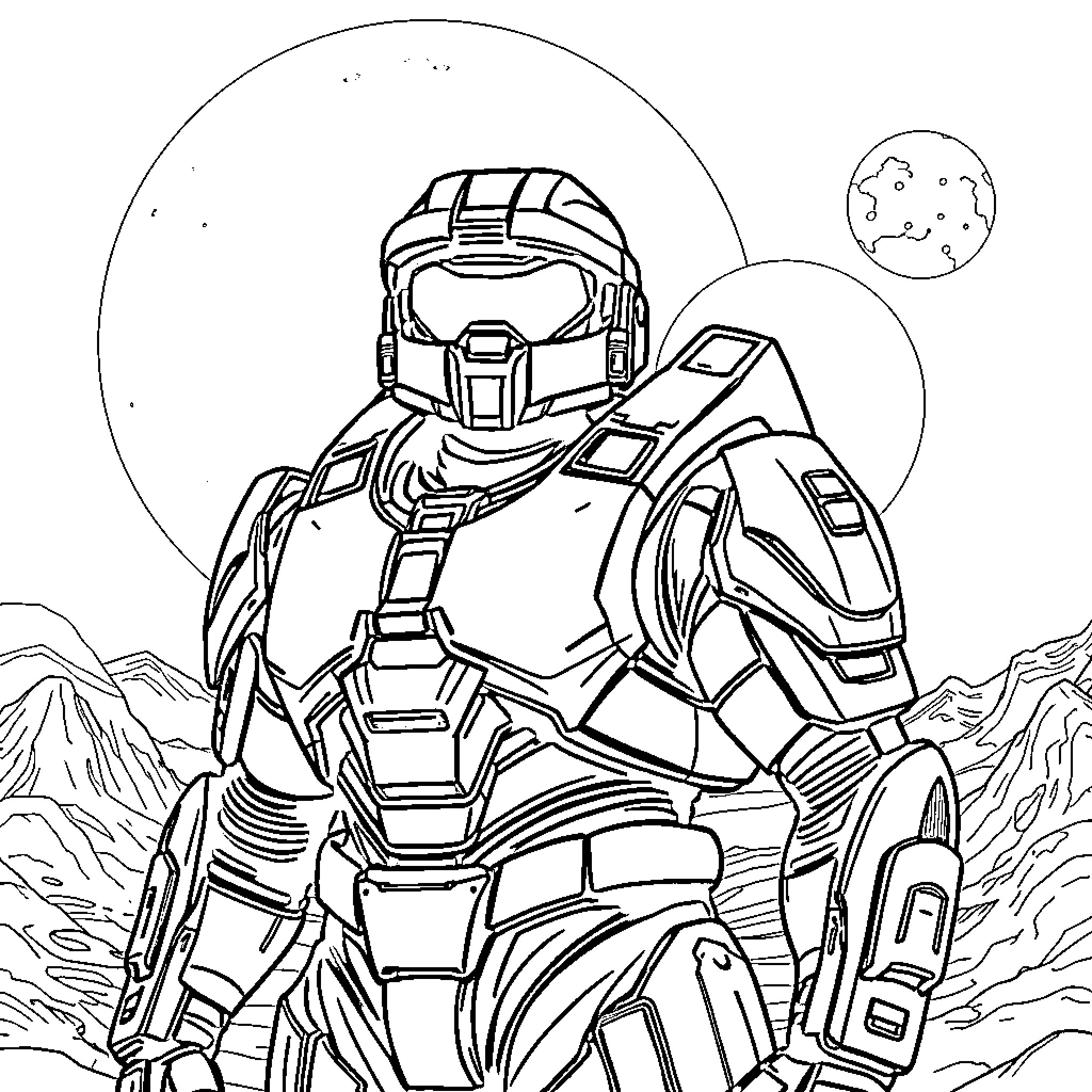 Master Chief in armored combat stance on alien terrain Coloring Page (free black-and-white line drawing printable PDF for all, from beginners to advanced learners, including children, teens, adults, and seniors)