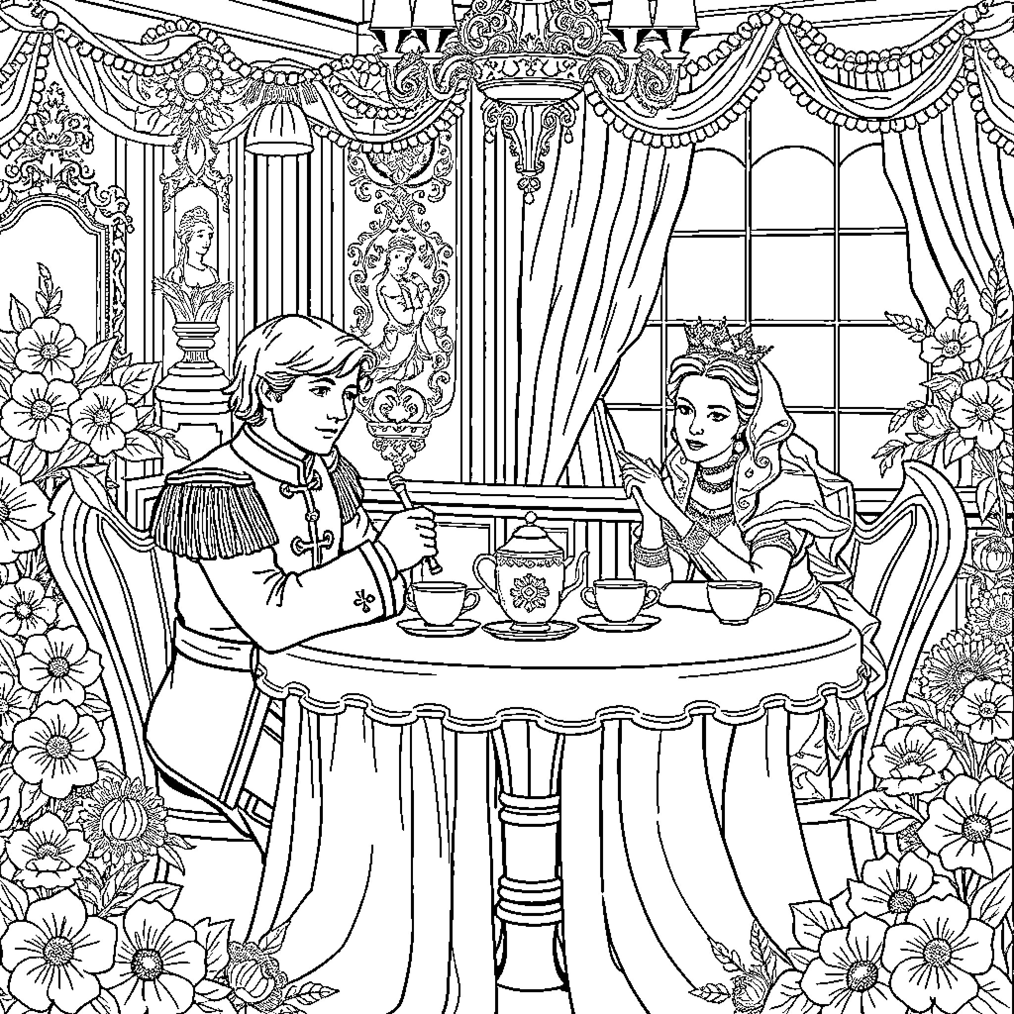 David and the Princess Enjoying Afternoon Tea Coloring Page (free black-and-white line drawing printable PDF for all, from beginners to advanced learners, including children, teens, adults, and seniors)
