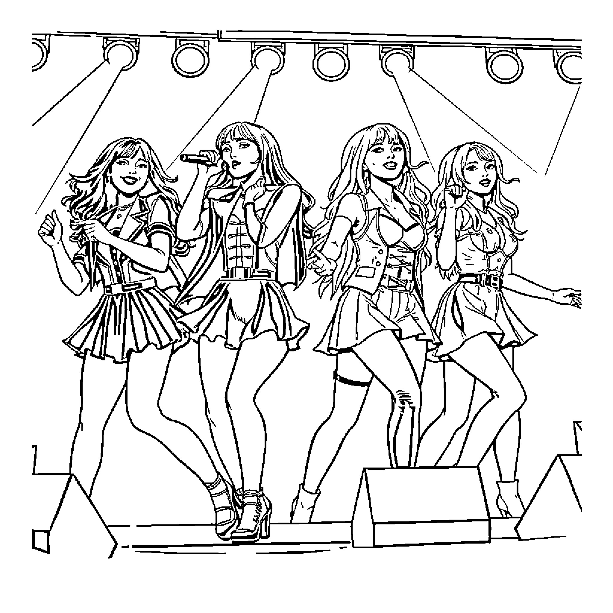 K-Pop Warriors Performing With Energy and Style Coloring Page (free black-and-white line drawing printable PDF for all, from beginners to advanced learners, including children, teens, adults, and seniors)