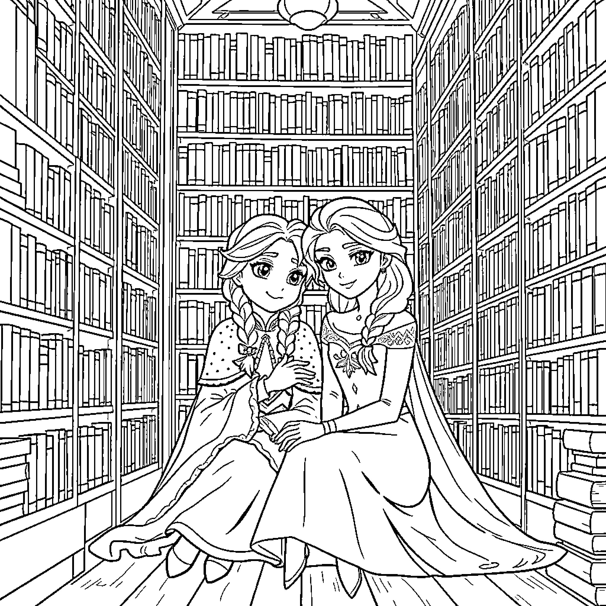 Anna and Elsa enjoying a cozy moment in the library Coloring Page (free black-and-white line drawing printable PDF for all, from beginners to advanced learners, including children, teens, adults, and seniors)