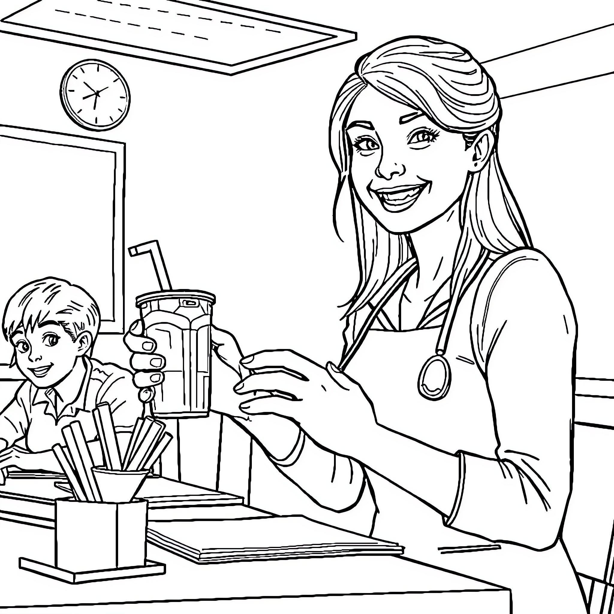 Teacher serving healthy snack to student in classroom Coloring Page (free black-and-white line drawing printable PDF for all, from beginners to advanced learners, including children, teens, adults, and seniors)