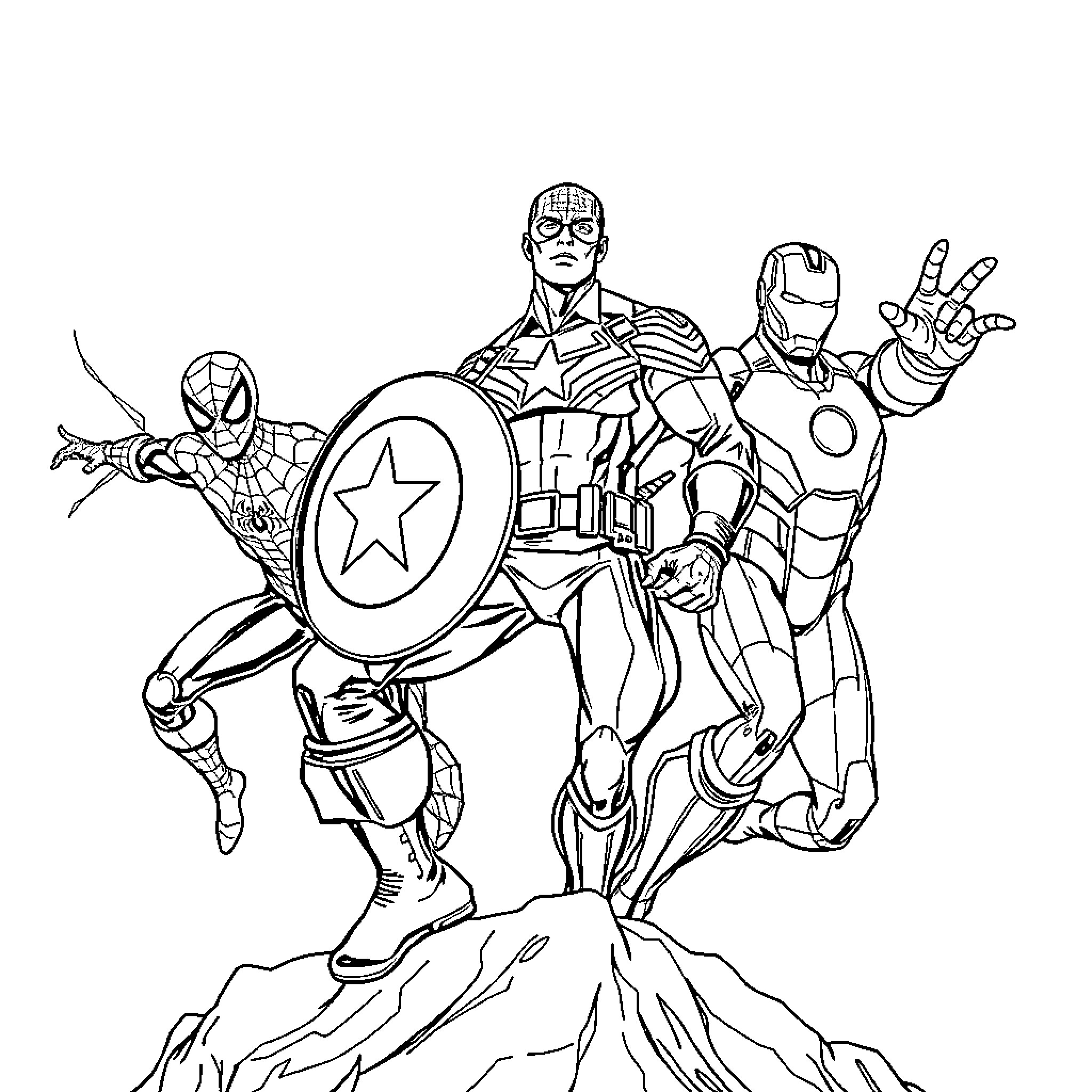 Captain America and Superheroes in Action Pose Coloring Page (free black-and-white line drawing printable PDF for all, from beginners to advanced learners, including children, teens, adults, and seniors)