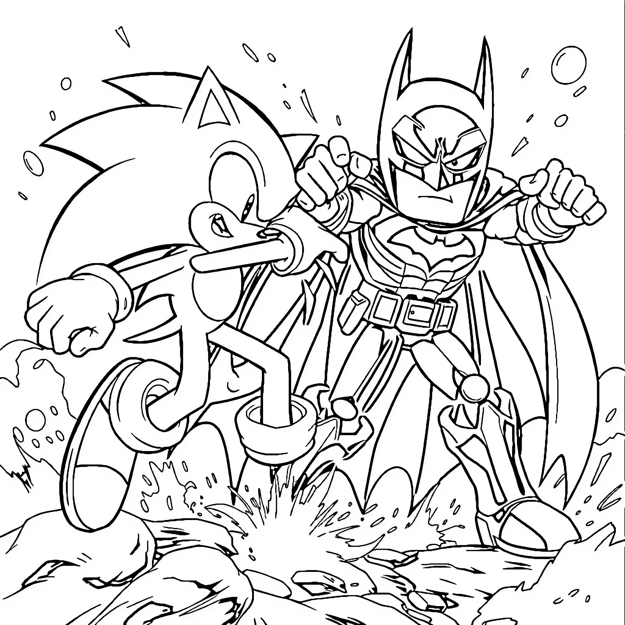 Sonic Clashing with Heroic Caped Figure in Dramatic Scene Coloring Page (free black-and-white line drawing printable PDF for all, from beginners to advanced learners, including children, teens, adults, and seniors)