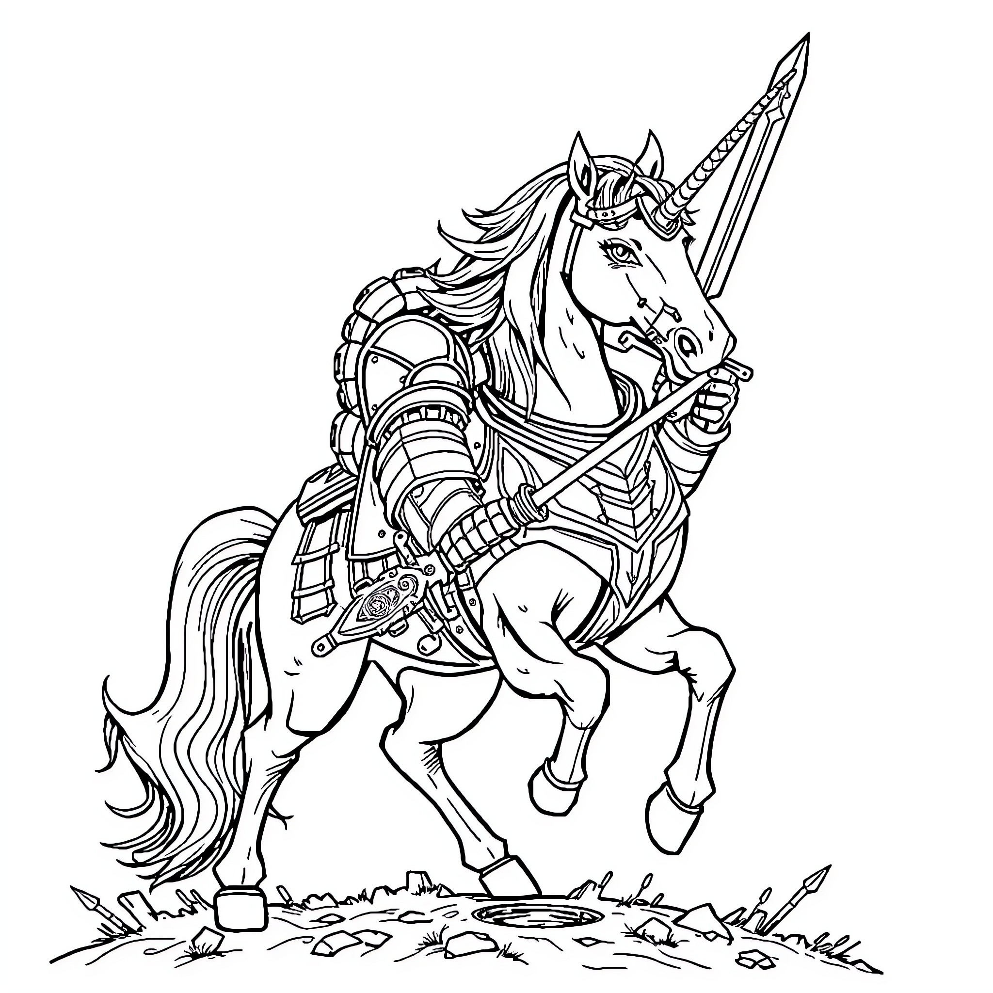 Unicorn warrior in battle-ready pose Coloring Page (free black-and-white line drawing printable PDF for all, from beginners to advanced learners, including children, teens, adults, and seniors)