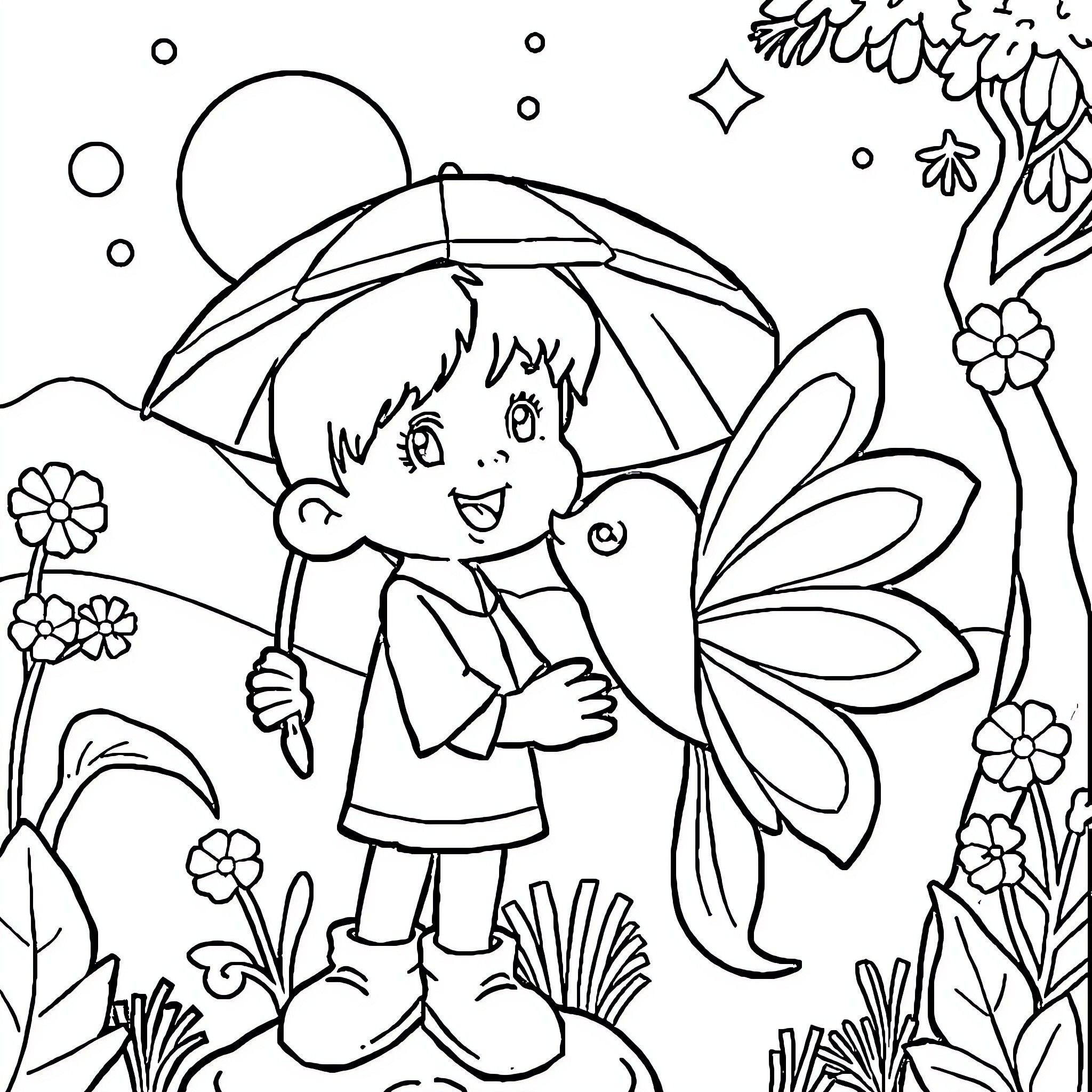 Cartoon fairy holding an umbrella in the garden Coloring Page (free black-and-white line drawing printable PDF for all, from beginners to advanced learners, including children, teens, adults, and seniors)