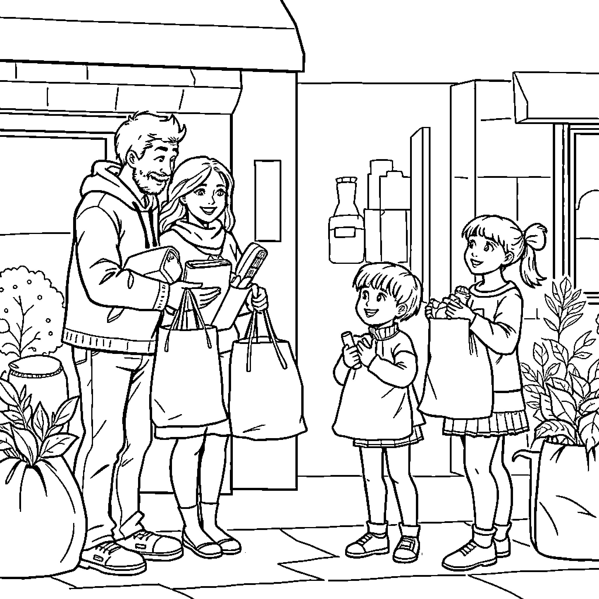 Family outing with children in outdoor shopping scene Coloring Page (free black-and-white line drawing printable PDF for all, from beginners to advanced learners, including children, teens, adults, and seniors)