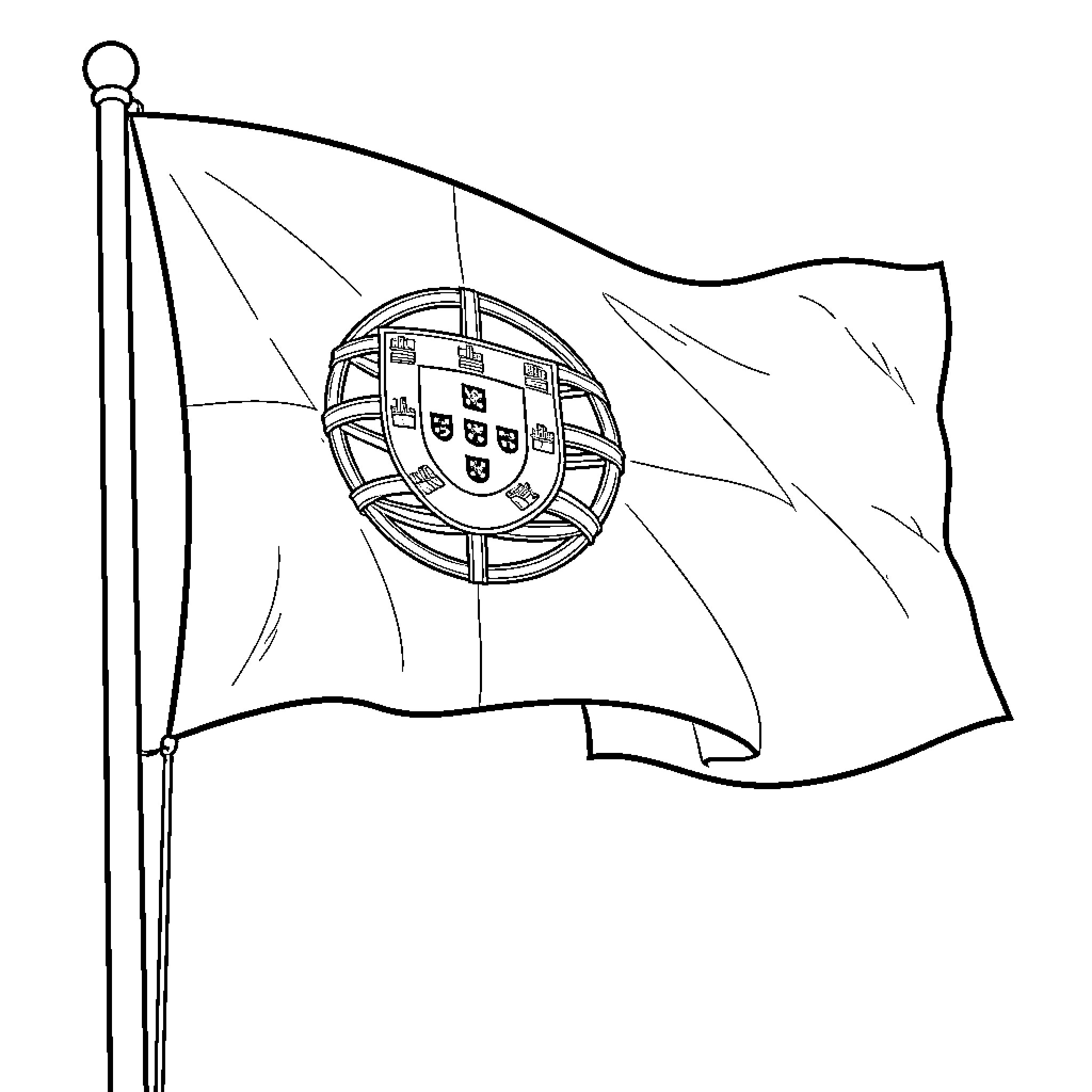 Portugal Flag waving on a tall flagpole Coloring Page (free black-and-white line drawing printable PDF for all, from beginners to advanced learners, including children, teens, adults, and seniors)