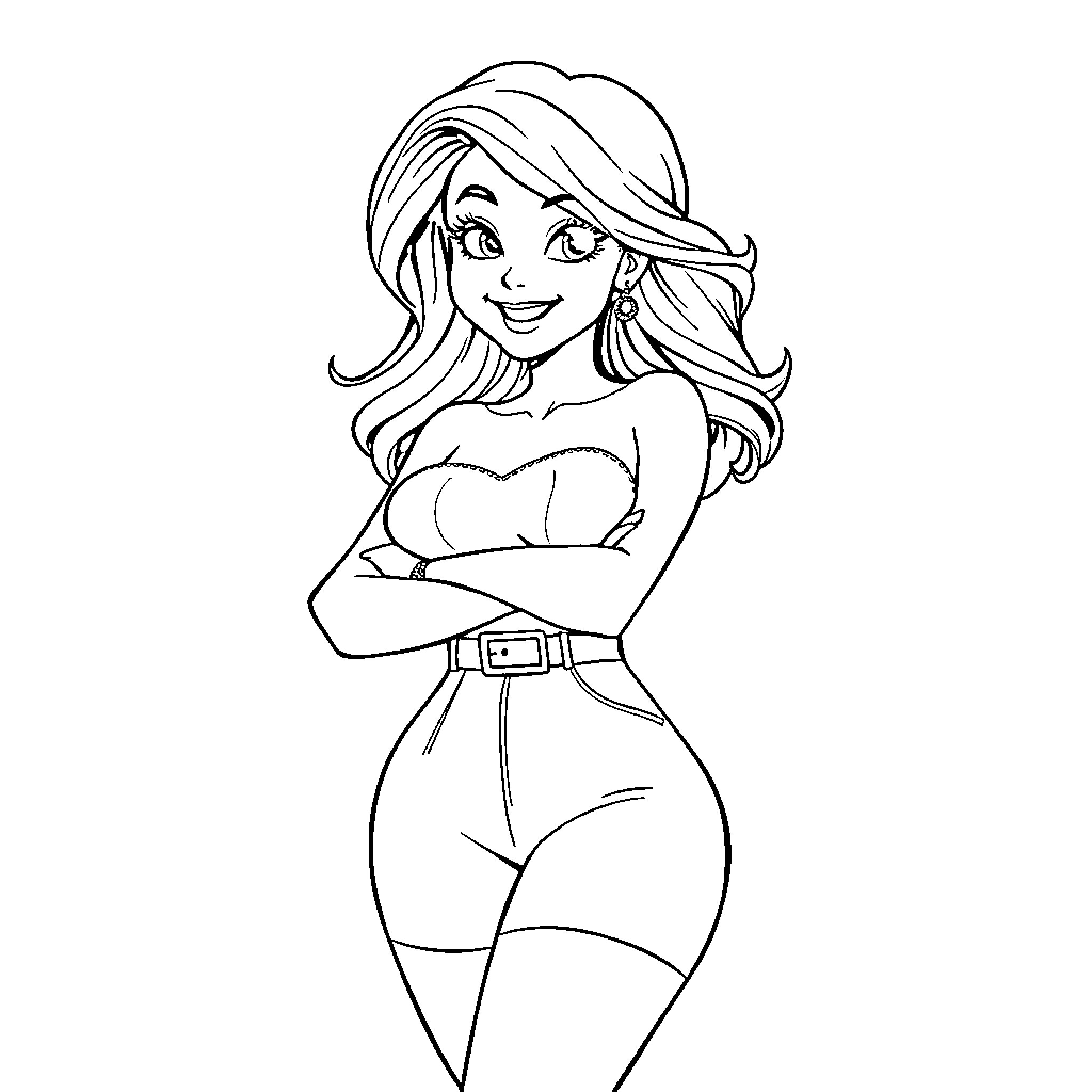 Girl in a confident and stylish pose Coloring Page (free black-and-white line drawing printable PDF for all, from beginners to advanced learners, including children, teens, adults, and seniors)