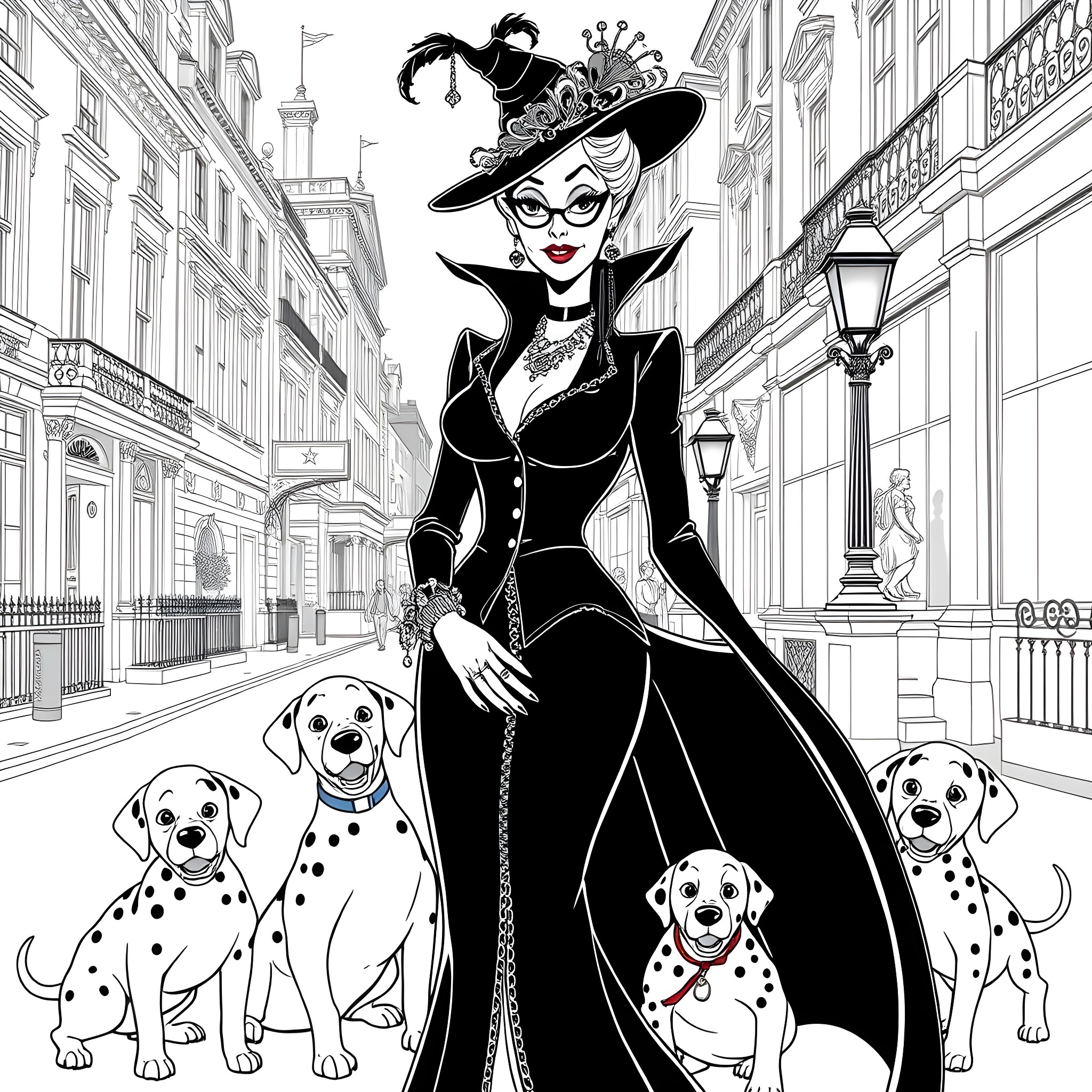 Cruella De Vil's Menacing Fashion and Canine Companions Coloring Page (free black-and-white line drawing printable PDF for all, from beginners to advanced learners, including children, teens, adults, and seniors)