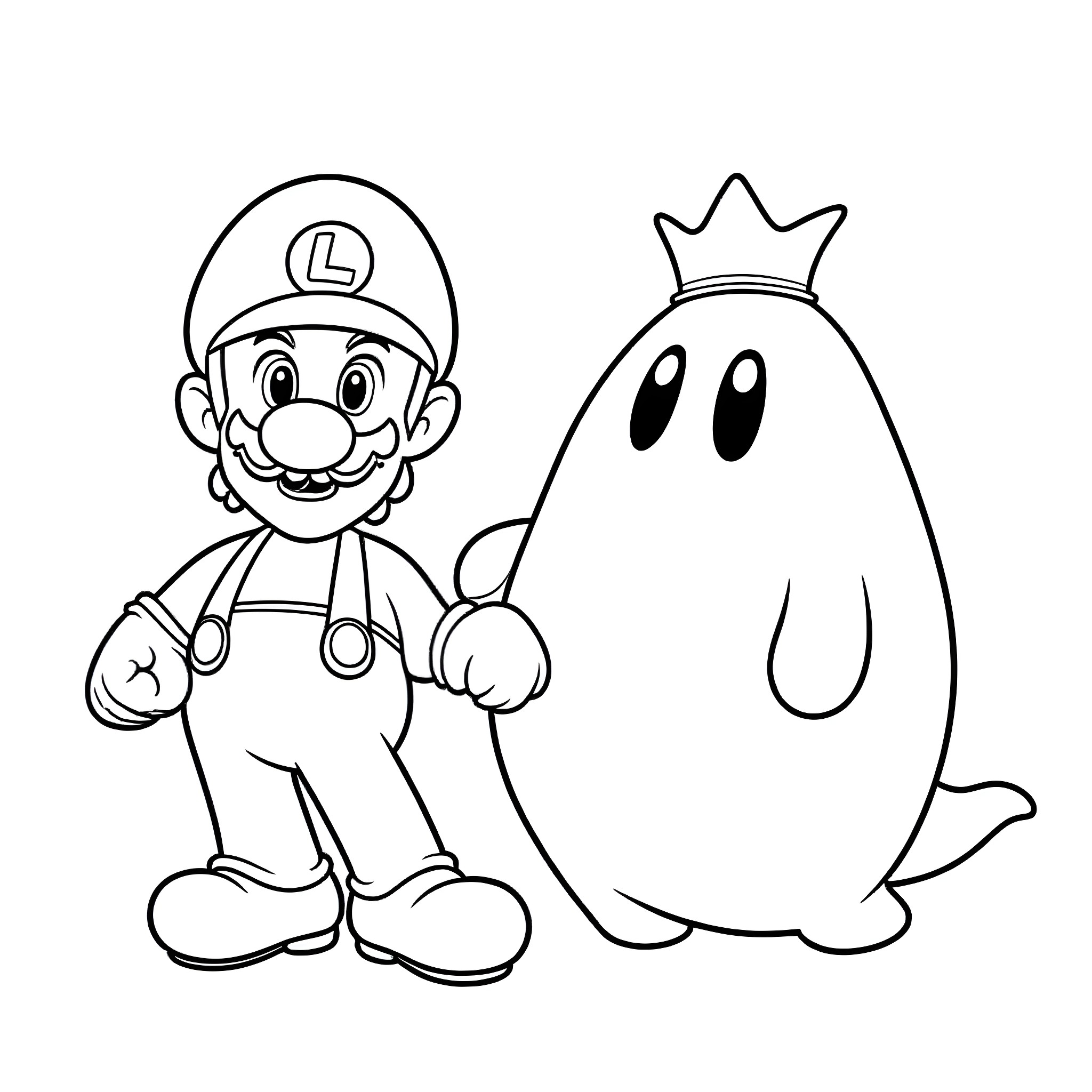 Luigi and the Ghostly Companion Coloring Page (free black-and-white line drawing printable PDF for all, from beginners to advanced learners, including children, teens, adults, and seniors)