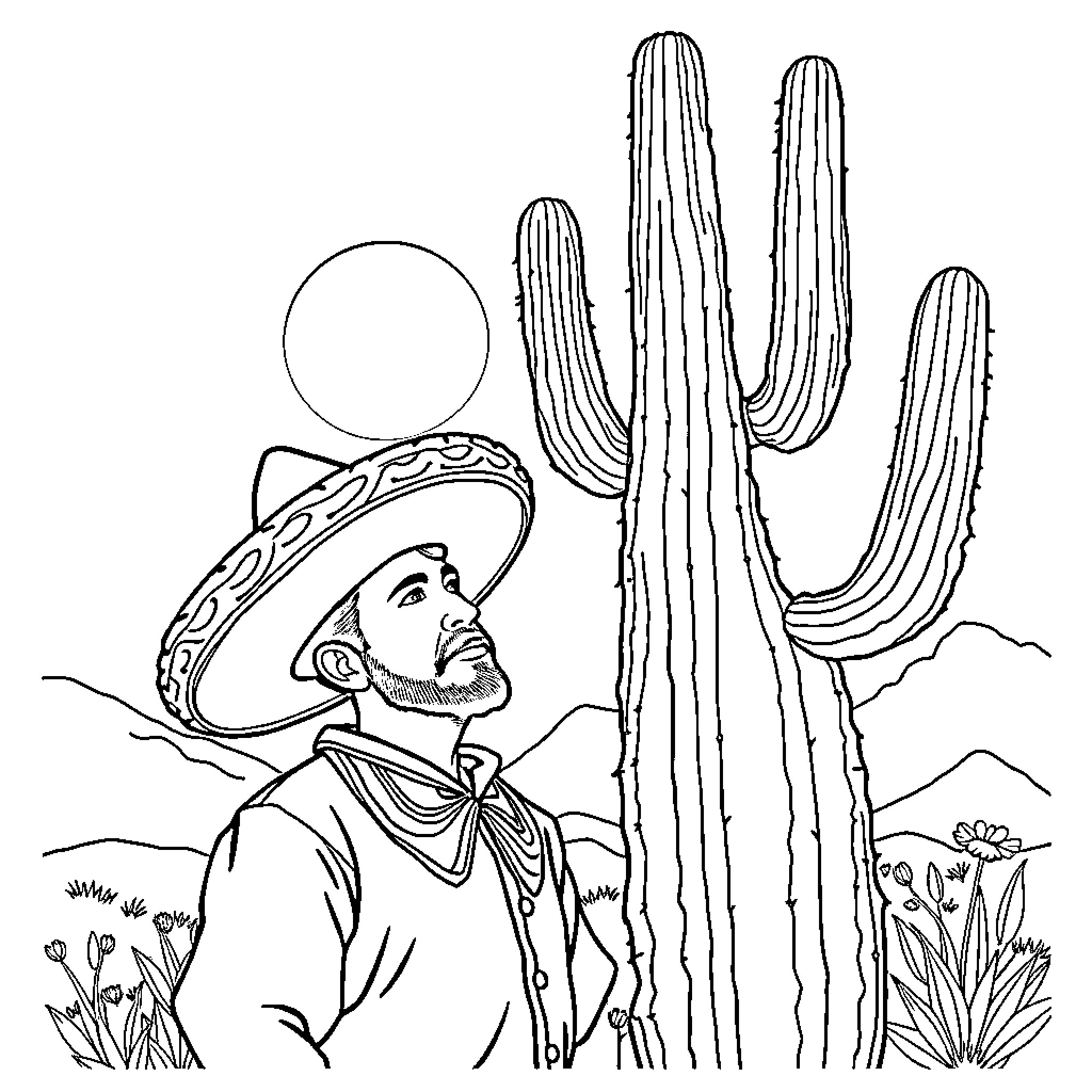 Mexican man admiring cactus in the desert Coloring Page (free black-and-white line drawing printable PDF for all, from beginners to advanced learners, including children, teens, adults, and seniors)