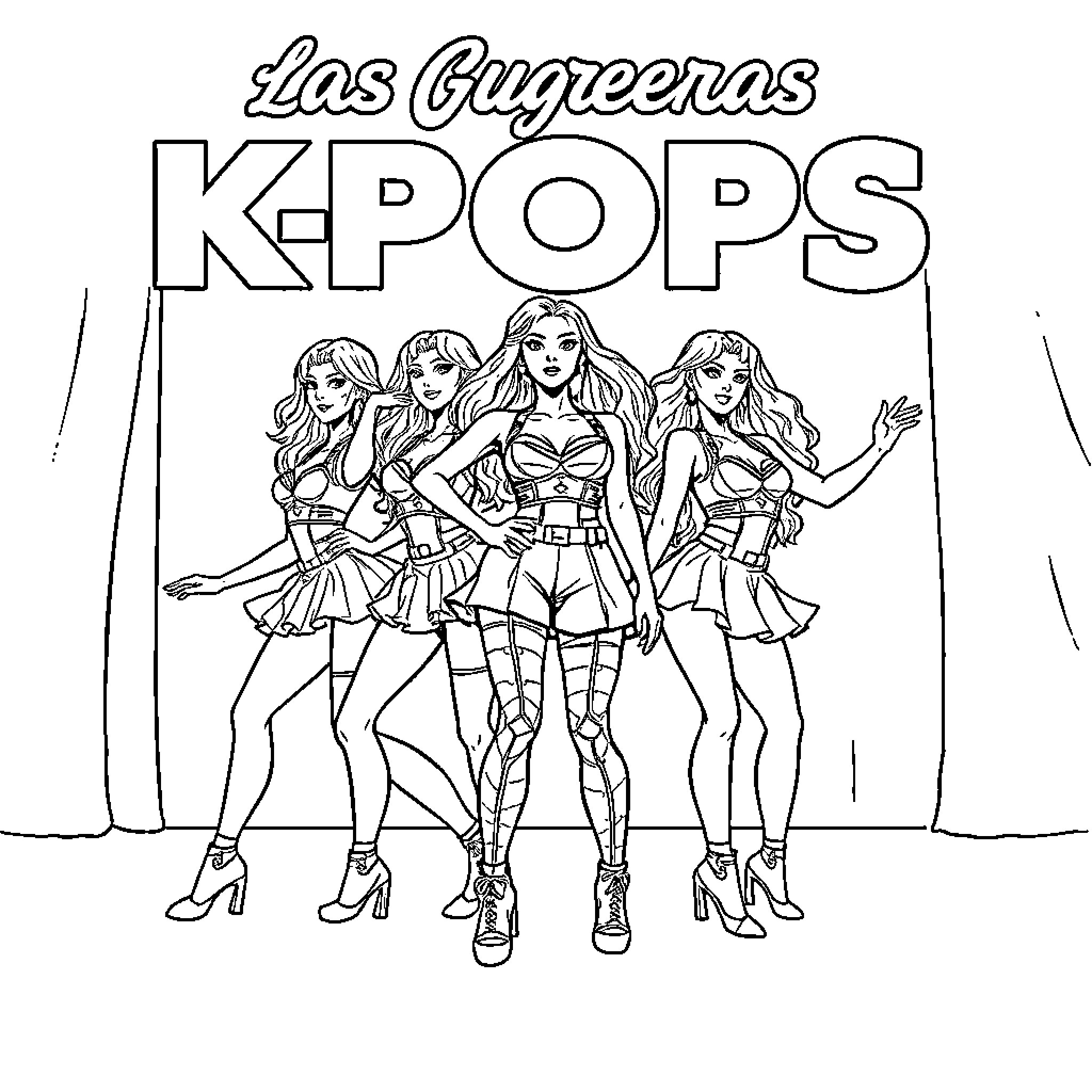 Kpop Warriors in Fierce Poses Coloring Page (free black-and-white line drawing printable PDF for all, from beginners to advanced learners, including children, teens, adults, and seniors)