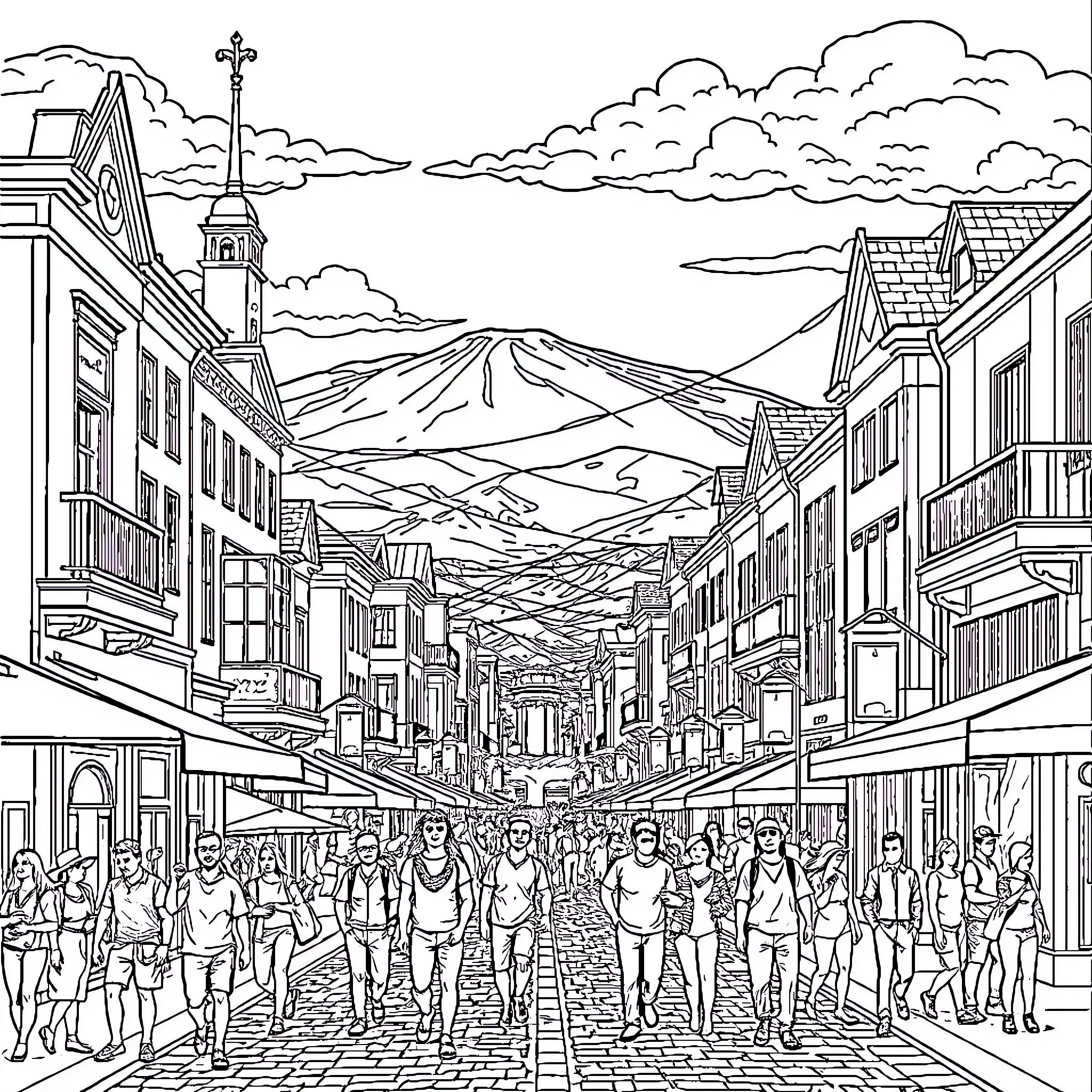 La Grande Street Scene with Bustling Crowd Coloring Page (free black-and-white line drawing printable PDF for all, from beginners to advanced learners, including children, teens, adults, and seniors)
