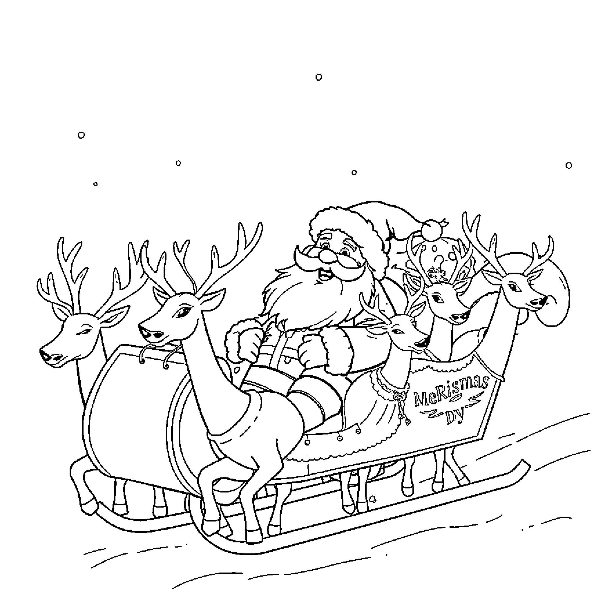 Santa Claus riding his sleigh with reindeer Coloring Page (free black-and-white line drawing printable PDF for all, from beginners to advanced learners, including children, teens, adults, and seniors)