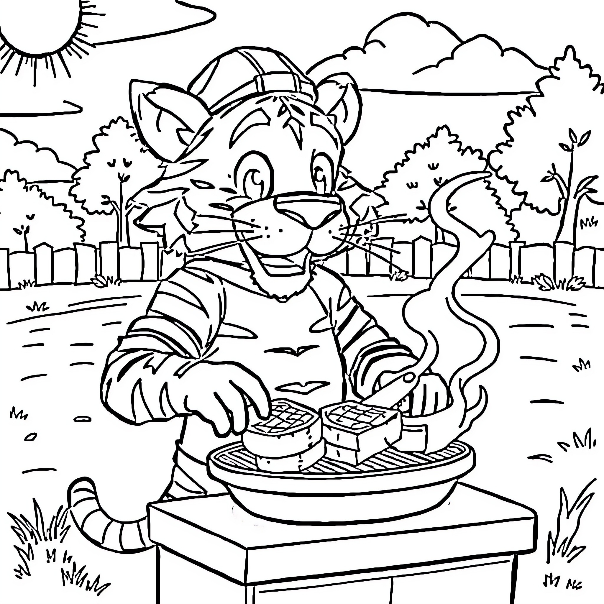 Tiger cooking barbecue treats in the park Coloring Page (free black-and-white line drawing printable PDF for all, from beginners to advanced learners, including children, teens, adults, and seniors)