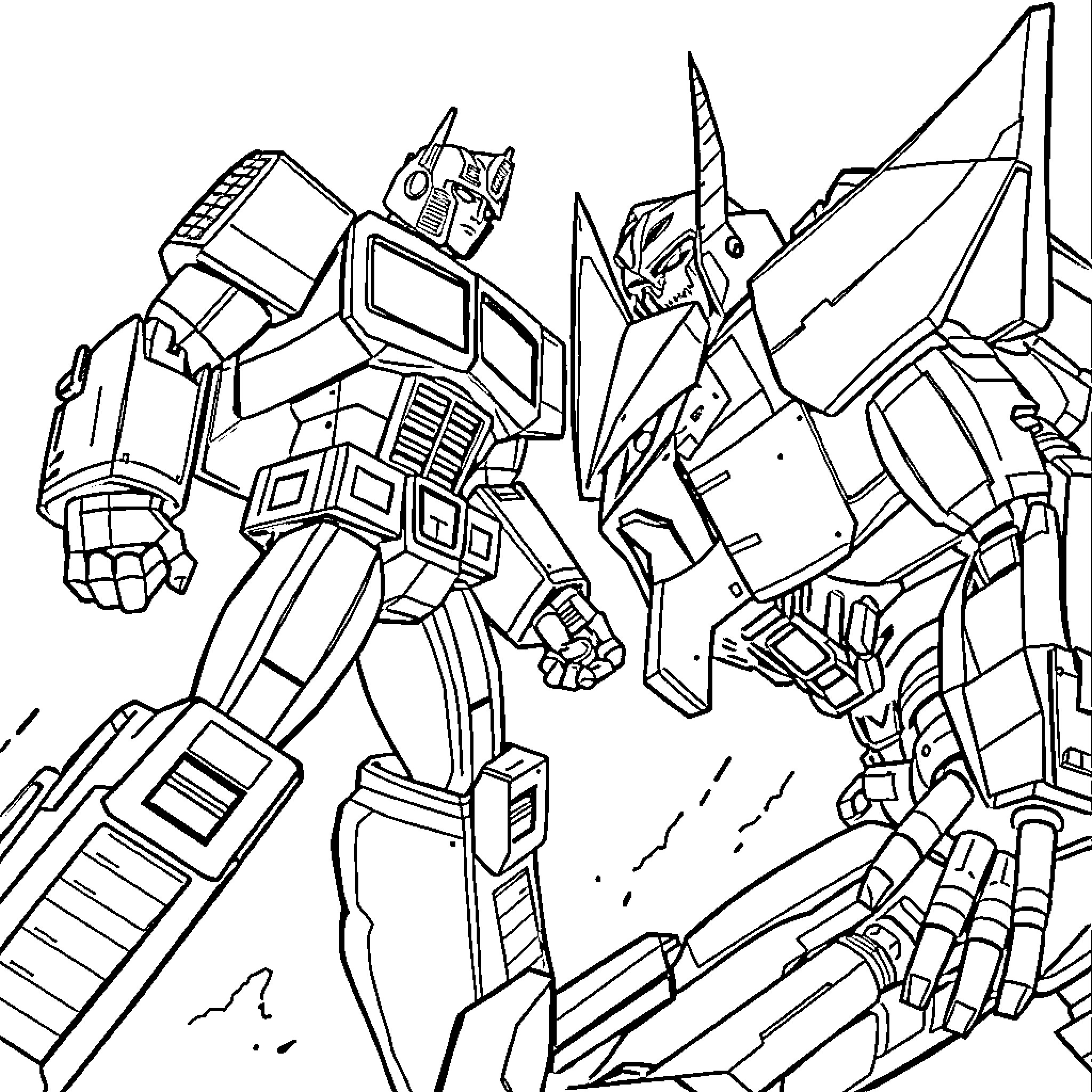 Optimus Prime Leading the Transformers in Action Coloring Page (free black-and-white line drawing printable PDF for all, from beginners to advanced learners, including children, teens, adults, and seniors)
