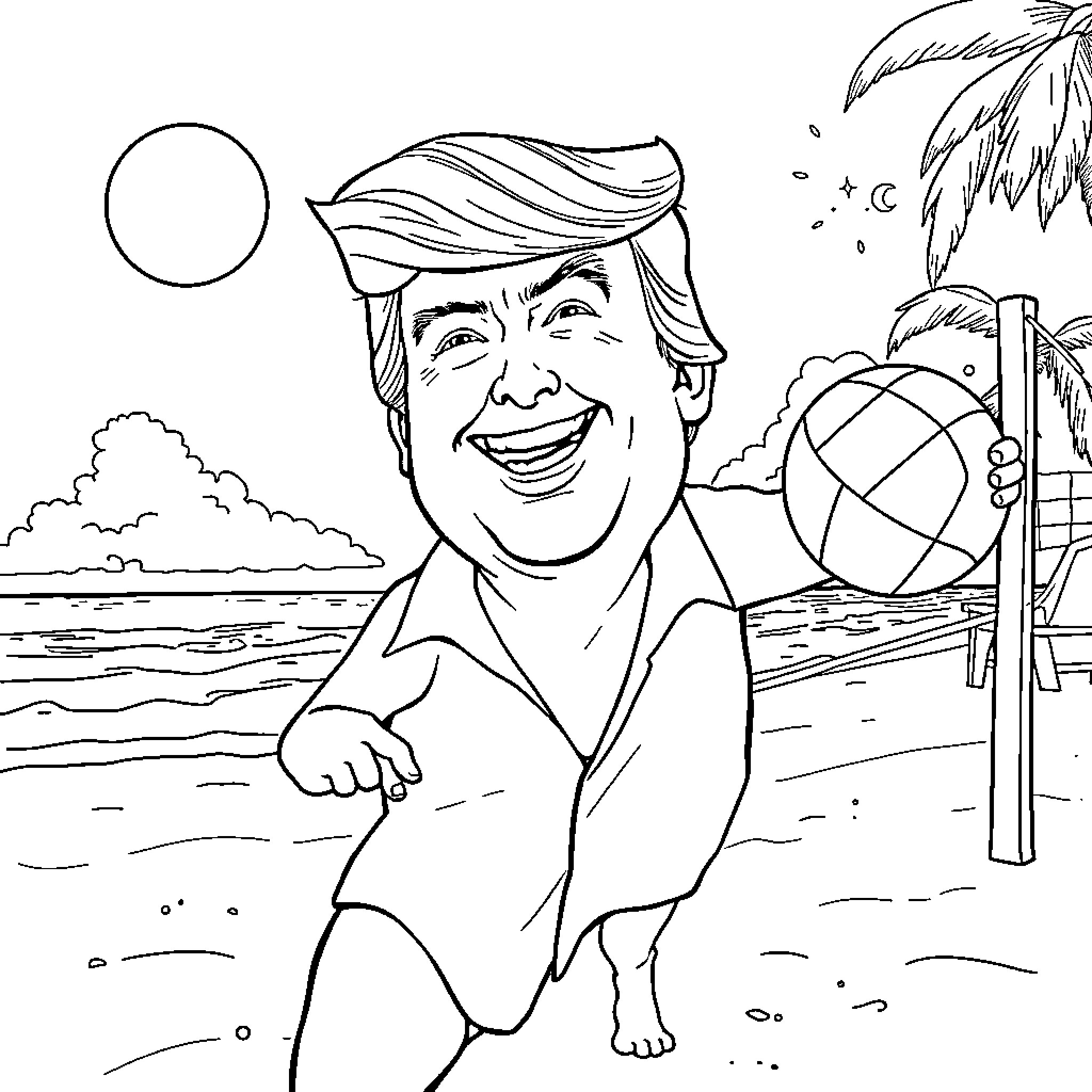 Donald Trump enjoying a day at the beach Coloring Page (free black-and-white line drawing printable PDF for all, from beginners to advanced learners, including children, teens, adults, and seniors)