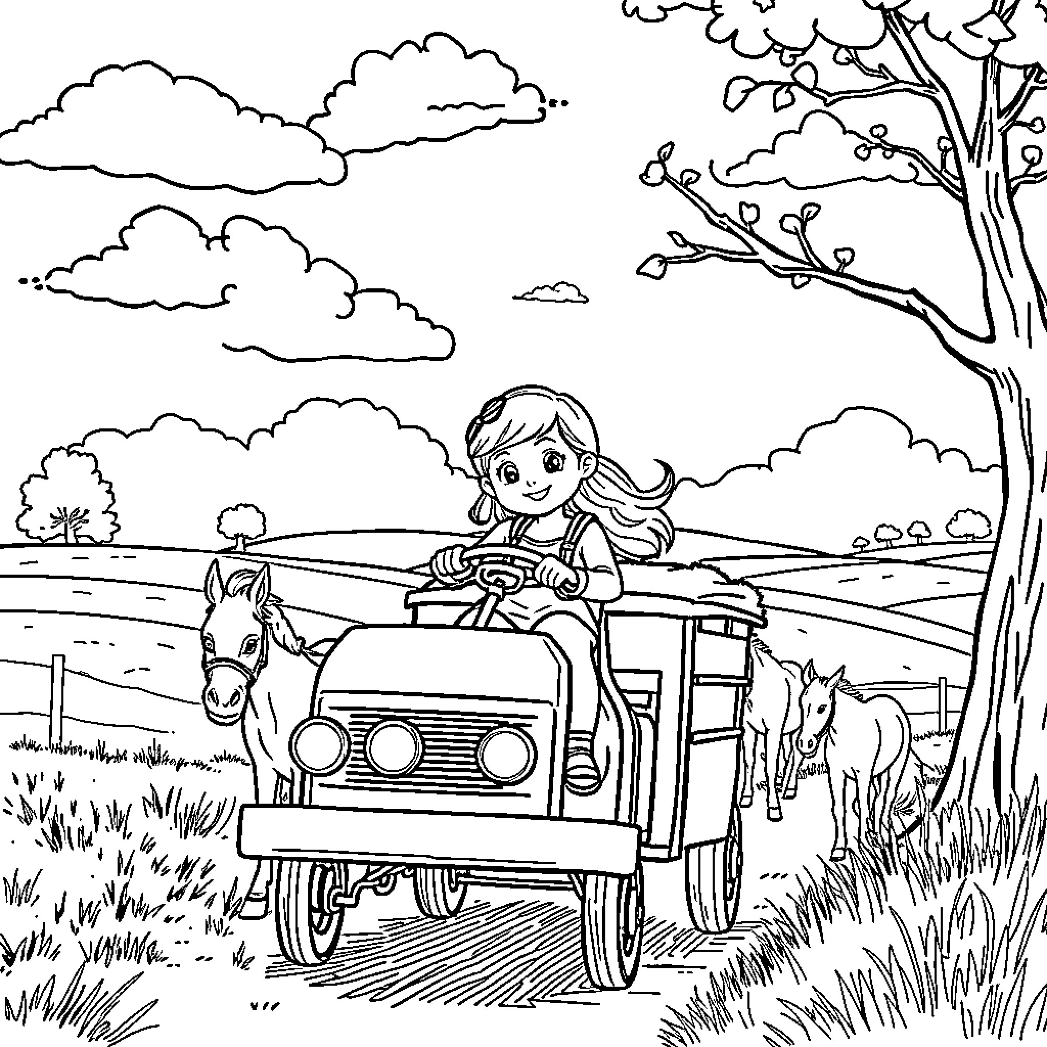 Girl riding on a farm tractor through the countryside Coloring Page (free black-and-white line drawing printable PDF for all, from beginners to advanced learners, including children, teens, adults, and seniors)