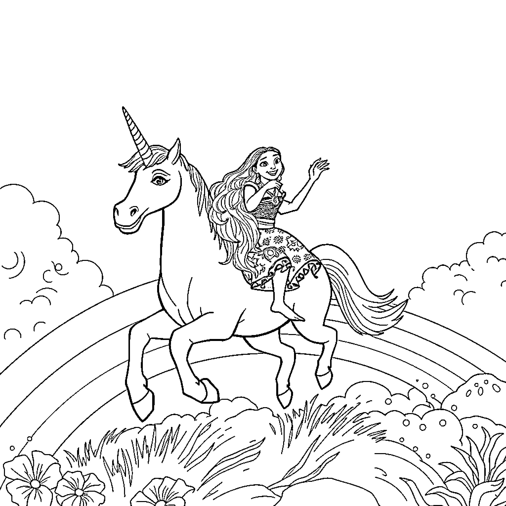 Moana riding a magical unicorn in a fantasy landscape Coloring Page (free black-and-white line drawing printable PDF for all, from beginners to advanced learners, including children, teens, adults, and seniors)